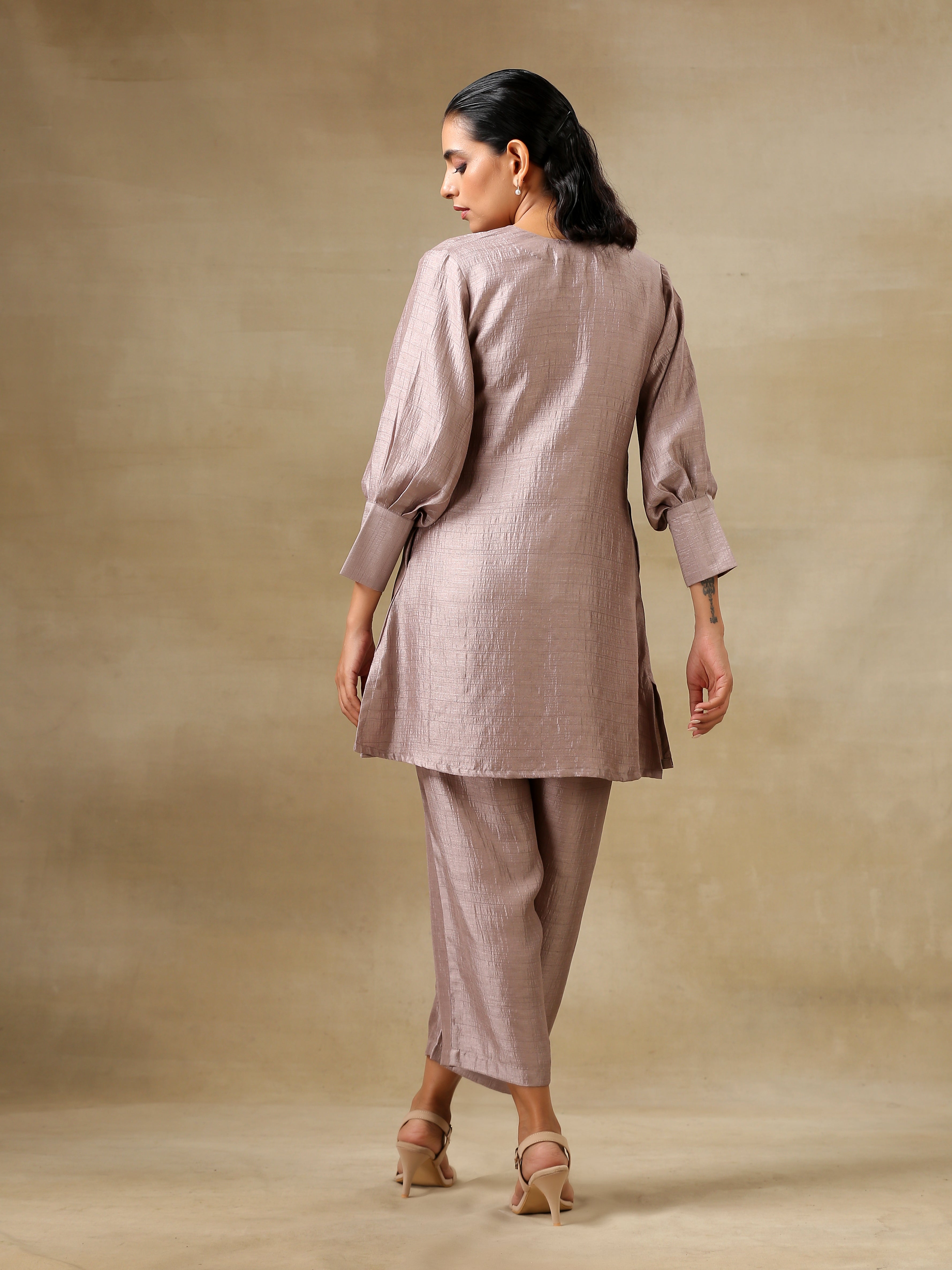 trueBrowns Grey Textured Silk Neck Pleat Co-Ord Set