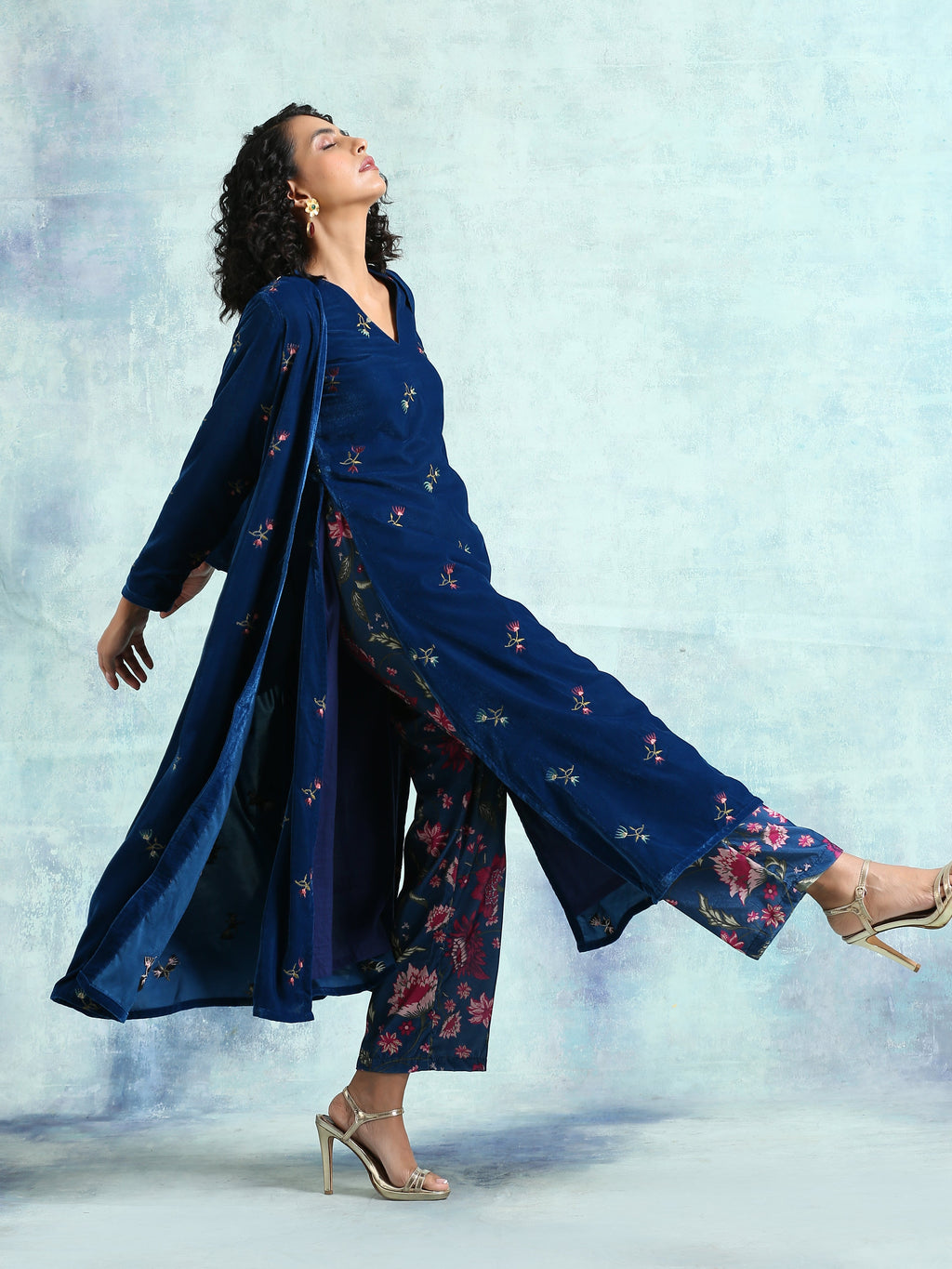 trueBrowns Blue Embroidered Velvet Overlay Jacket