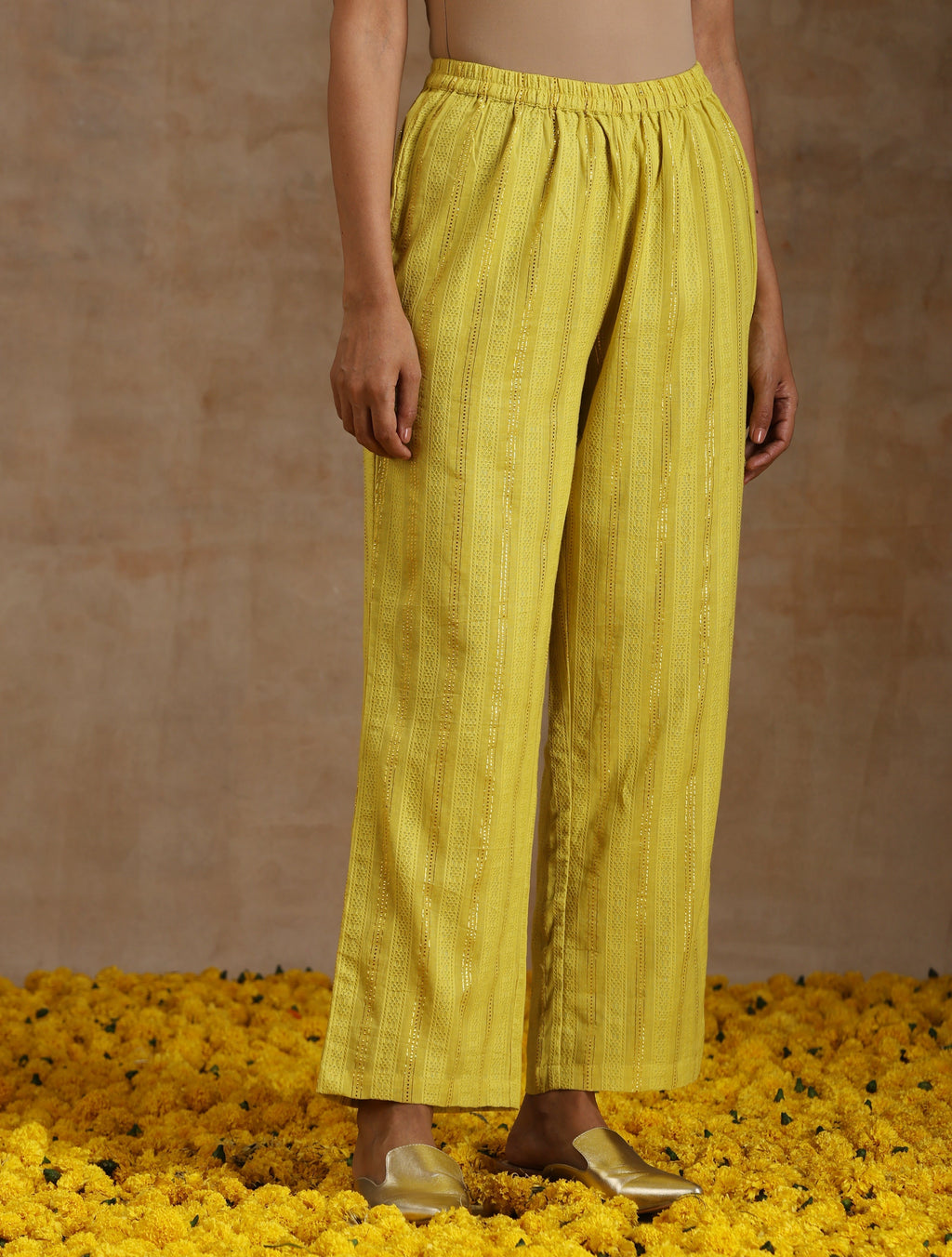 trueBrowns Lime Gold Cotton Kalidar Kurta Set