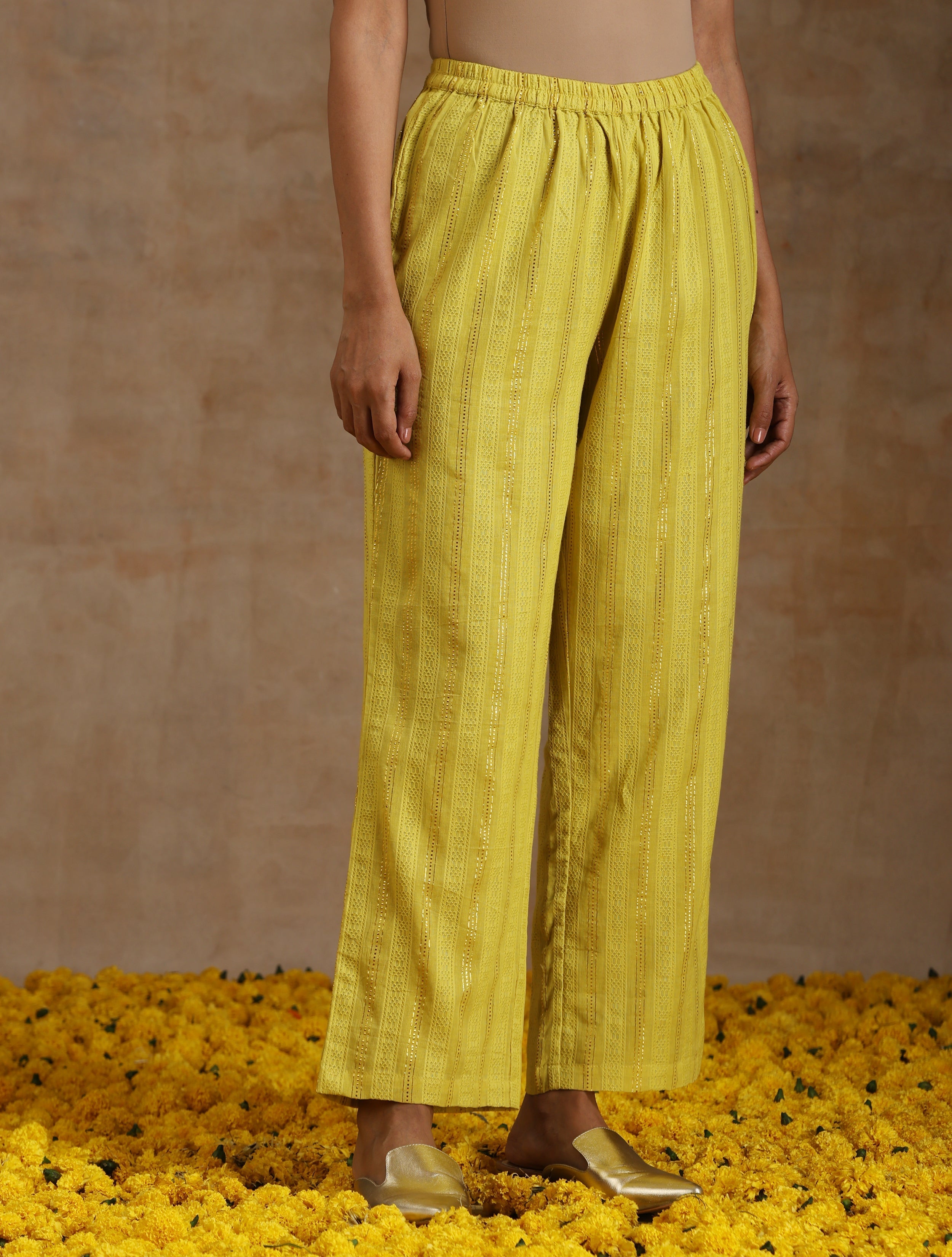 trueBrowns Lime Gold Cotton Kalidar Kurta Set