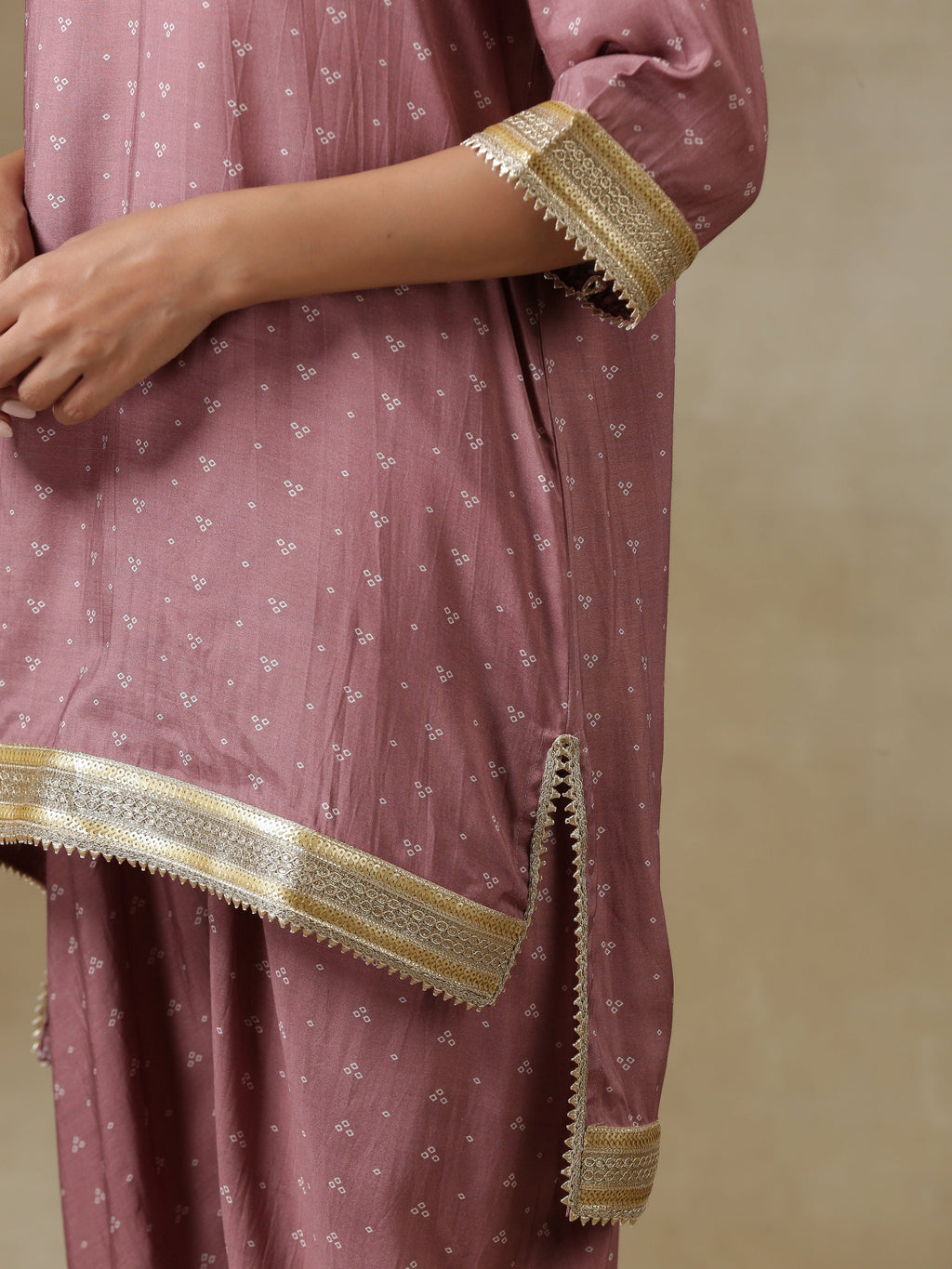 trueBrowns Dark Mauve Bandhani Printed Silk Loose Kurta Dhoti Pant Set
