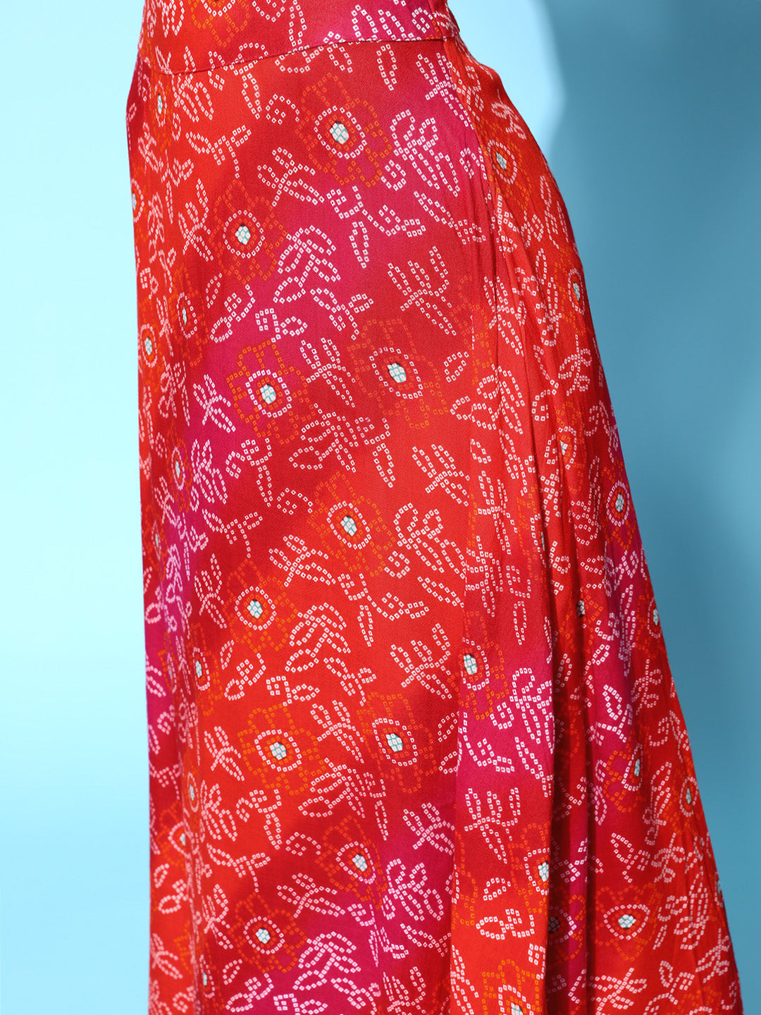 InWeave Women's Red Bandhej Crop Top With Skirt Set