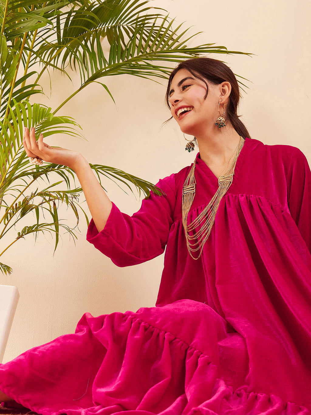 InWeave Women's Fuchsia Velvet Manderia V Neck Flared Dress