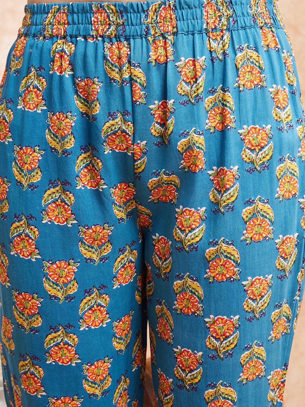 InWeave Women's Blue Orange Floral Yellow White Leh V Neck Kurta Set