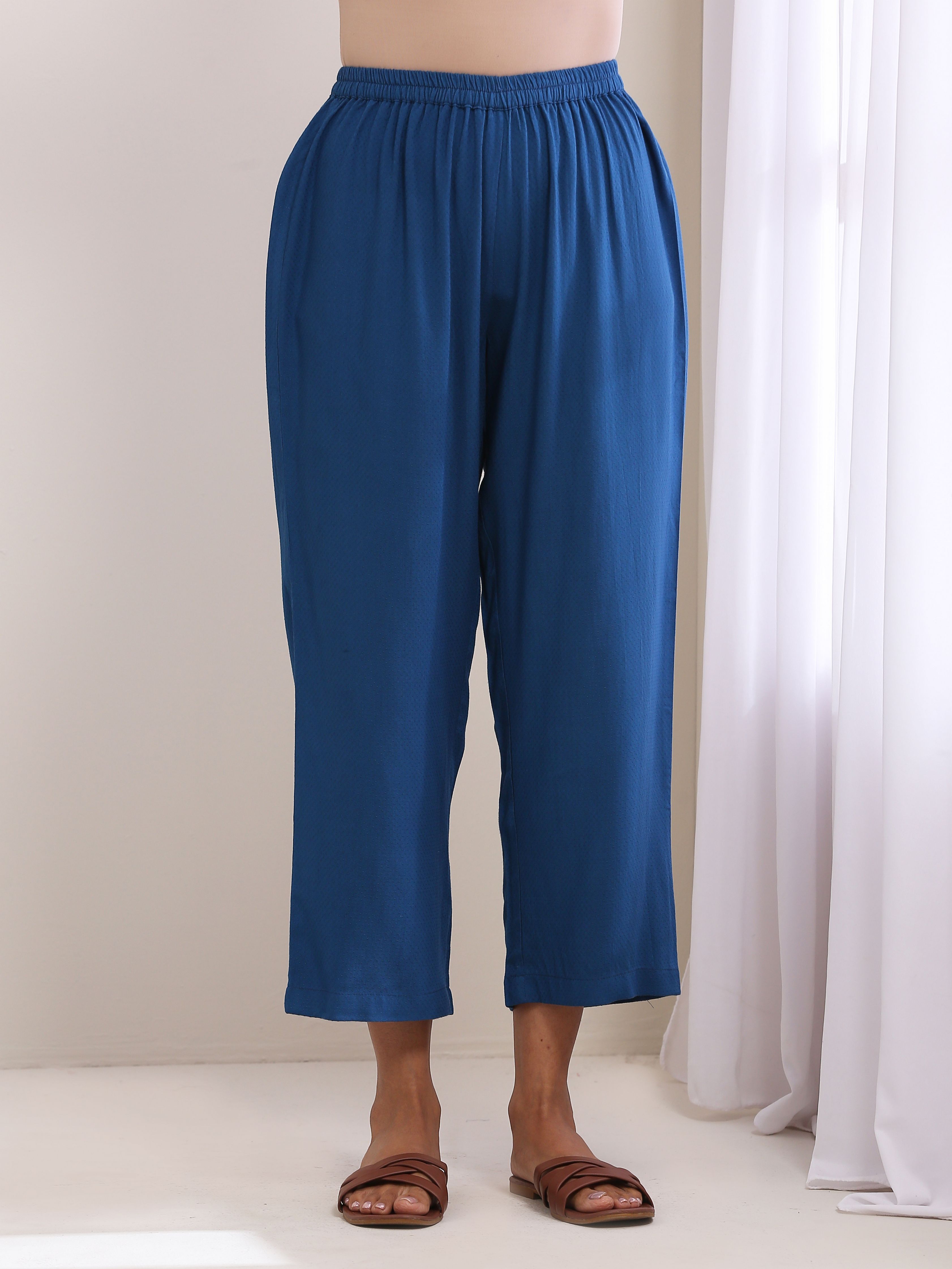 trueBrowns Classic Blue Dobby High Slit Gathered Kurta Set