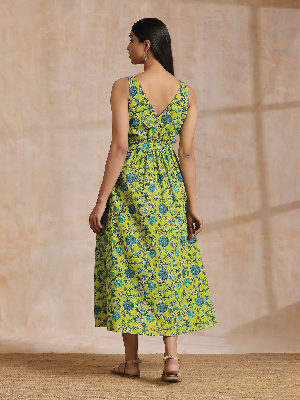 trueBrowns Lime Green Overall Teal Floral Block Print Cotton Sleeveless Wrap Dress