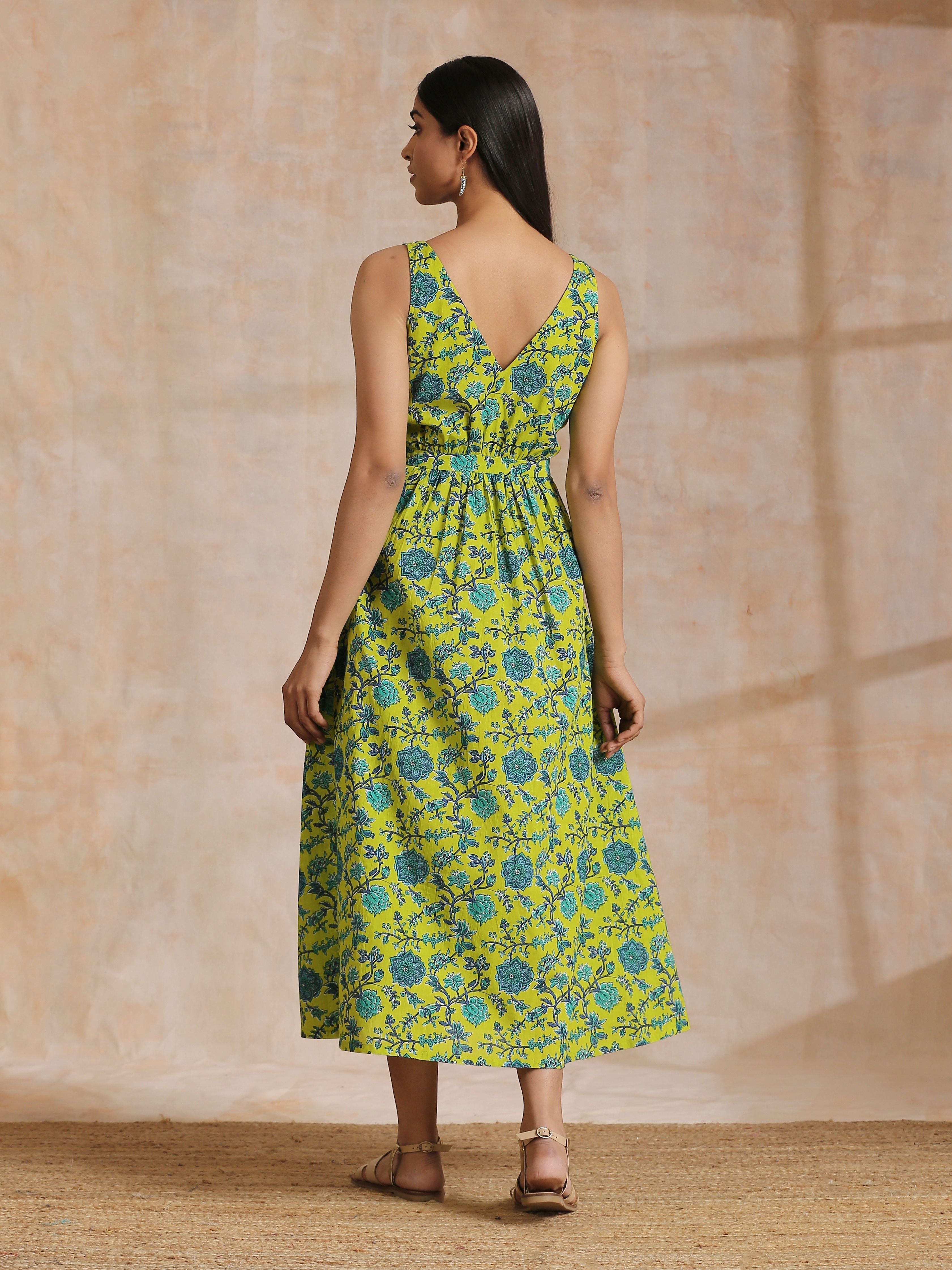 trueBrowns Lime Green Overall Teal Floral Block Print Cotton Sleeveless Wrap Dress