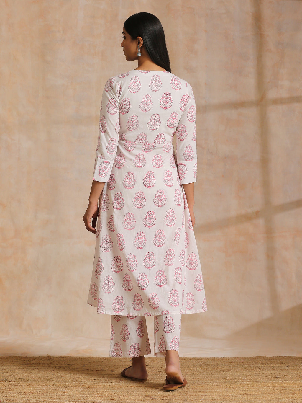 trueBrowns Pink Big Buta On White Print Cotton Angrakha Kurta Pant Set