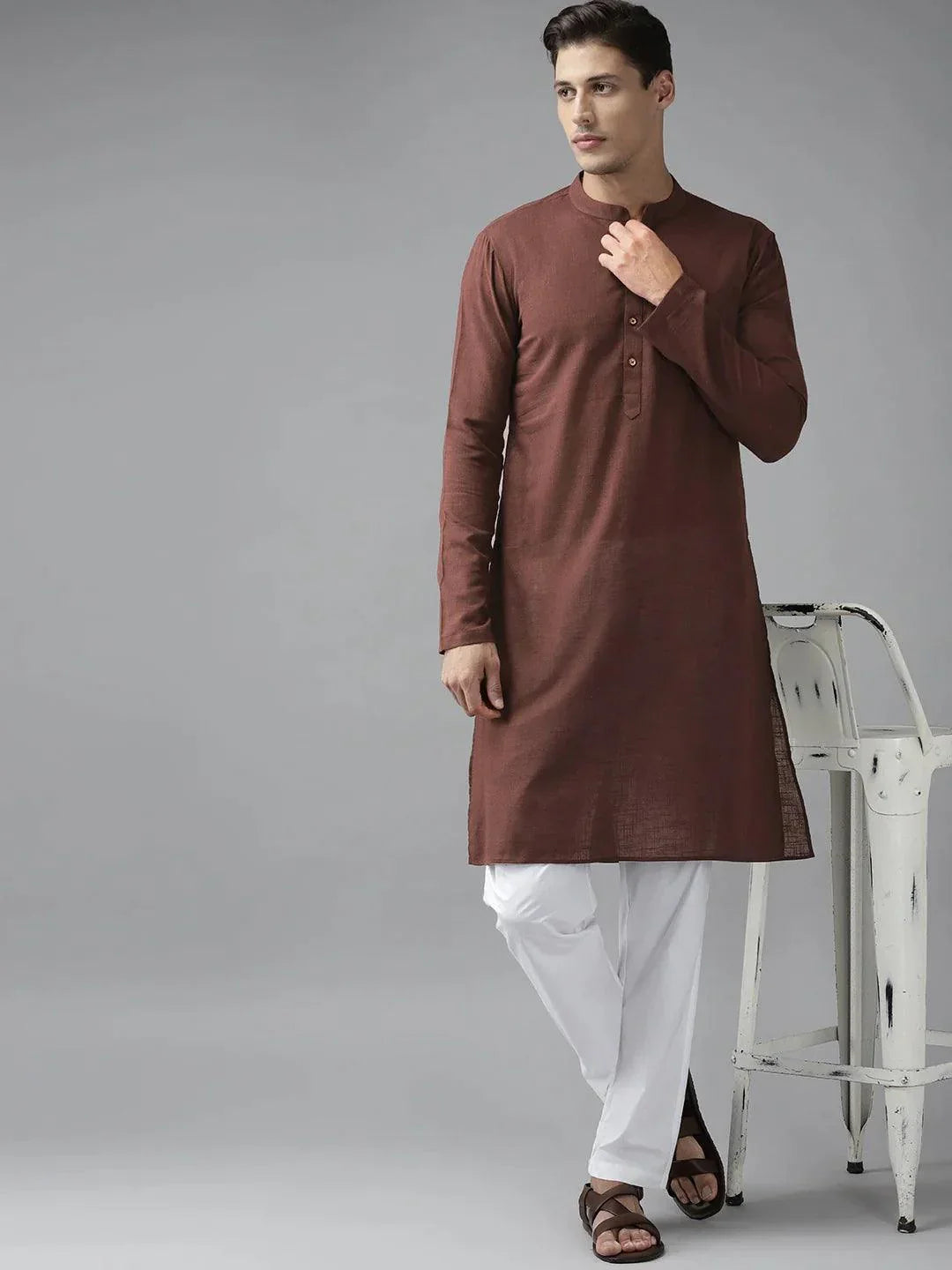Fabmade Men Brown Cotton Linen Kurta Pyjama