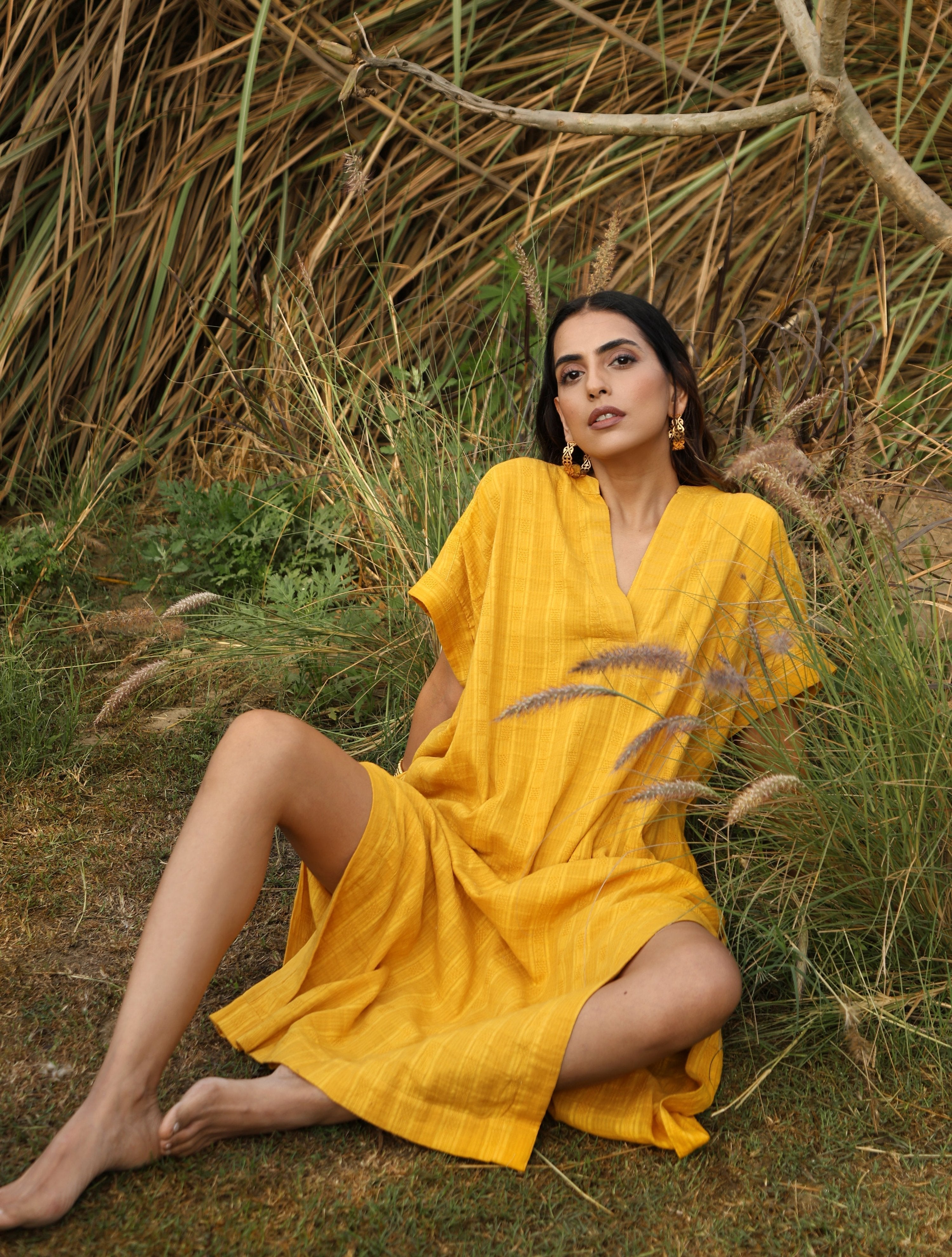 trueBrowns Mustard Cotton Dobby Oversized Dress