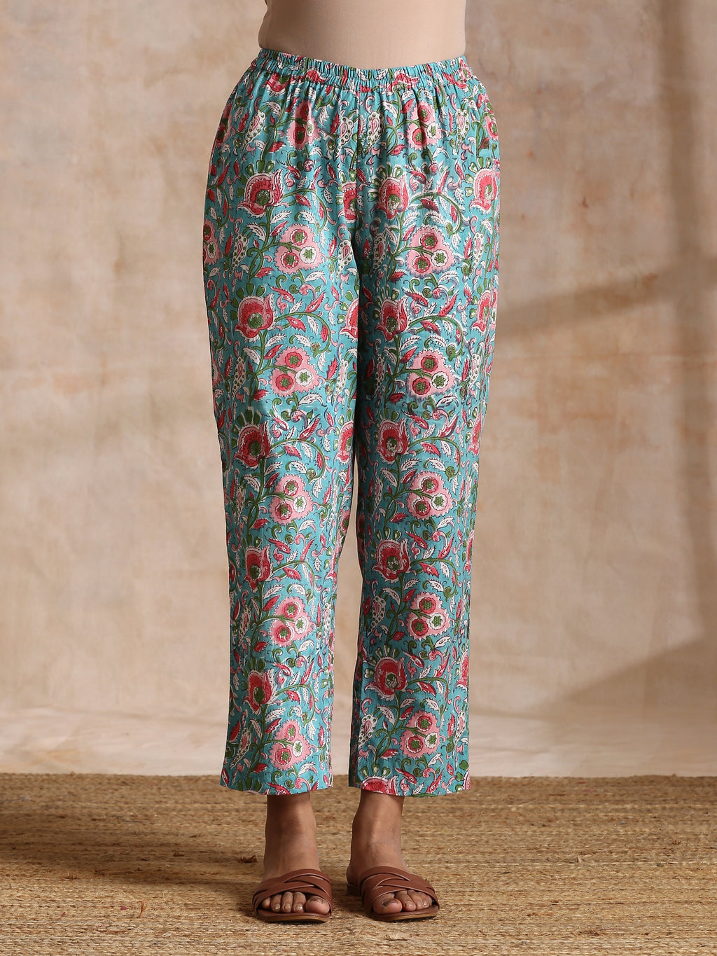 trueBrowns Turkish Blue Overall Floral Block Print Cotton Flared Kurta Pant Set