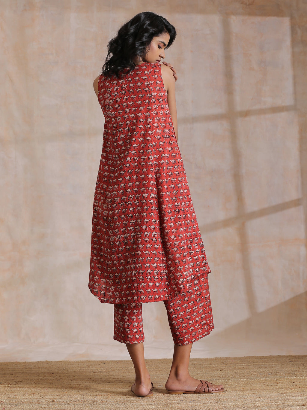 trueBrowns Rust Red Bagru Camel Print Cotton High-Low Co-Ord Set