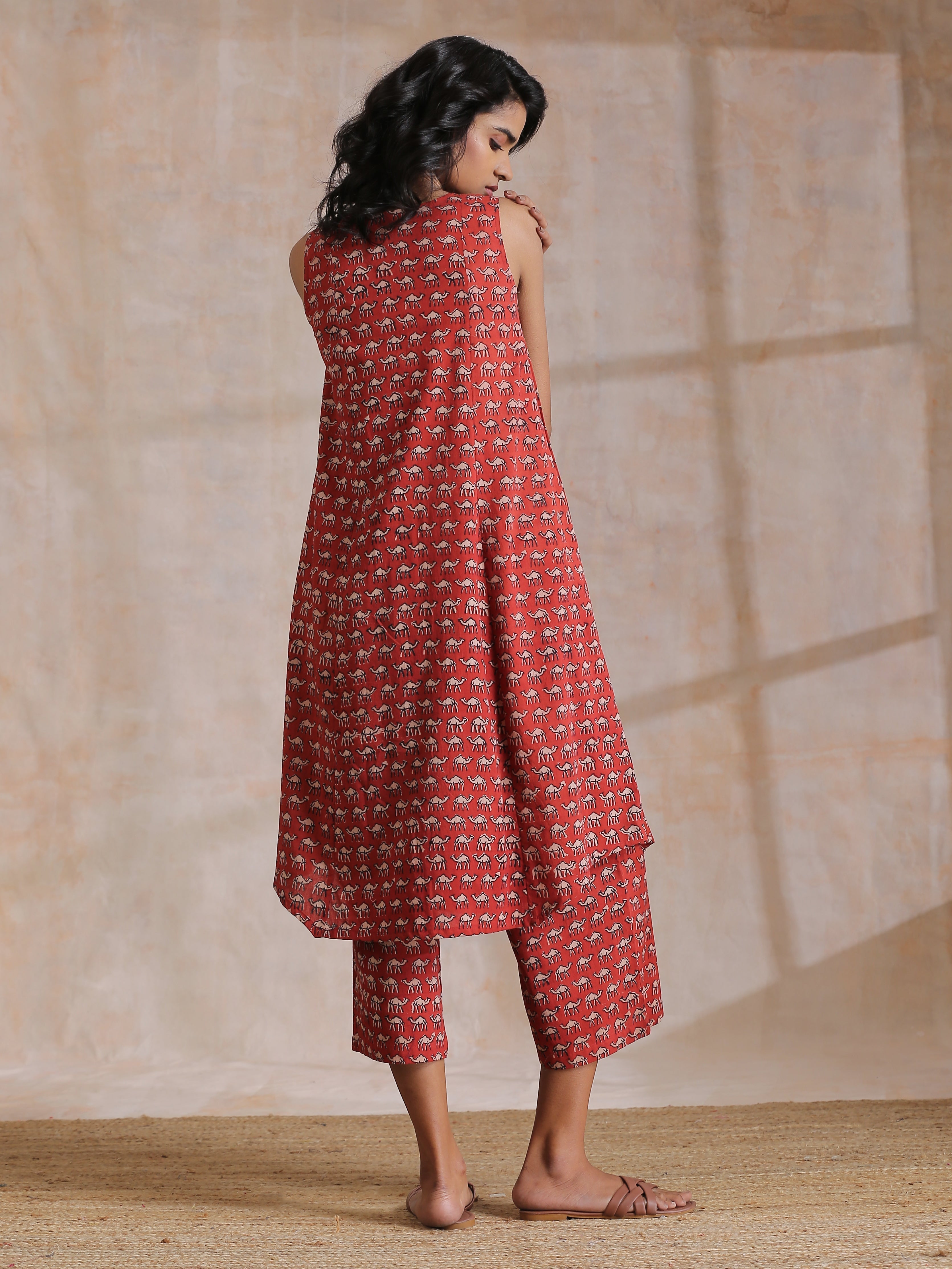 trueBrowns Rust Red Bagru Camel Print Cotton High-Low Co-Ord Set