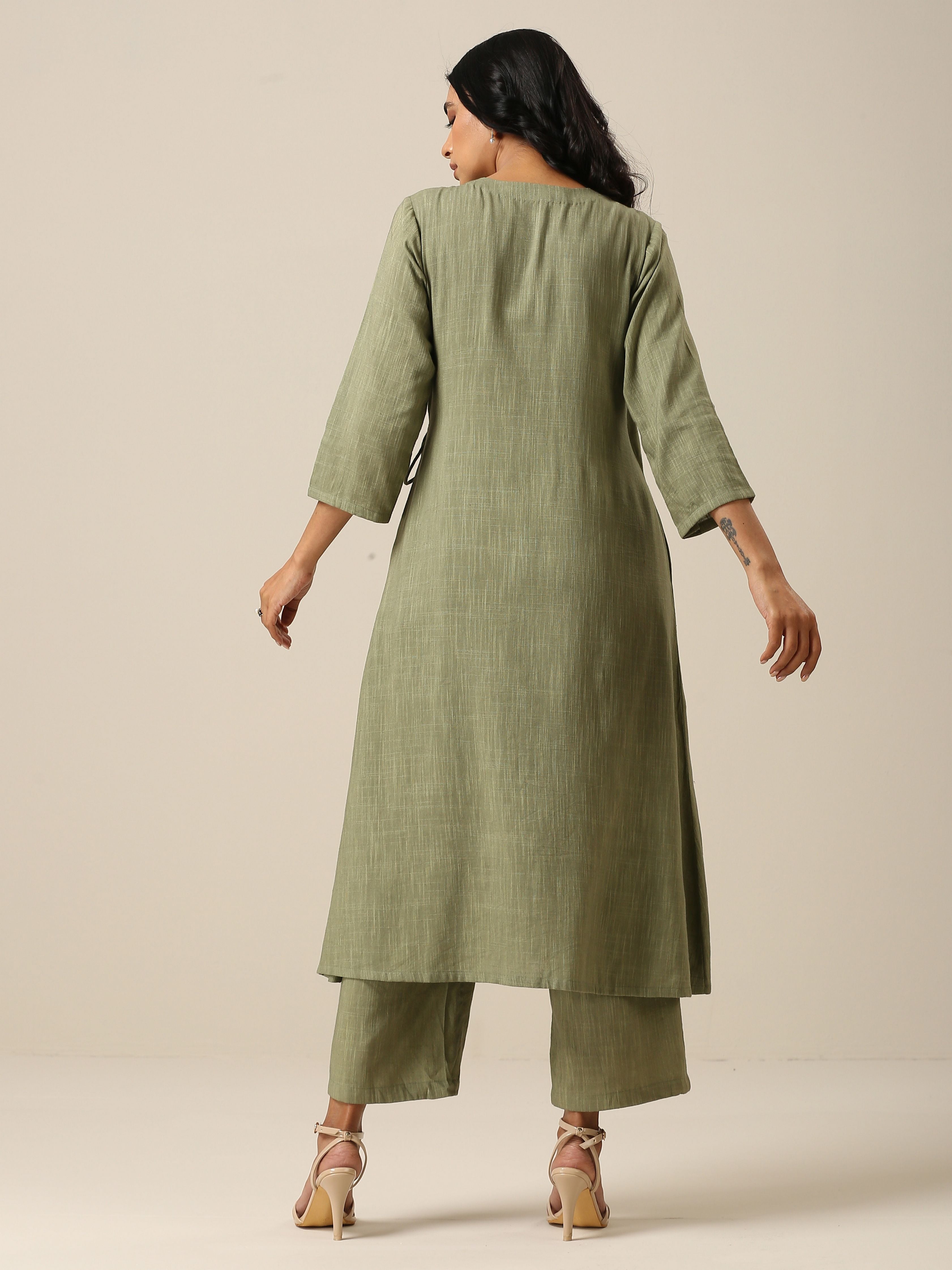 trueBrowns Sage Slub Texture Angrakha Pant Set