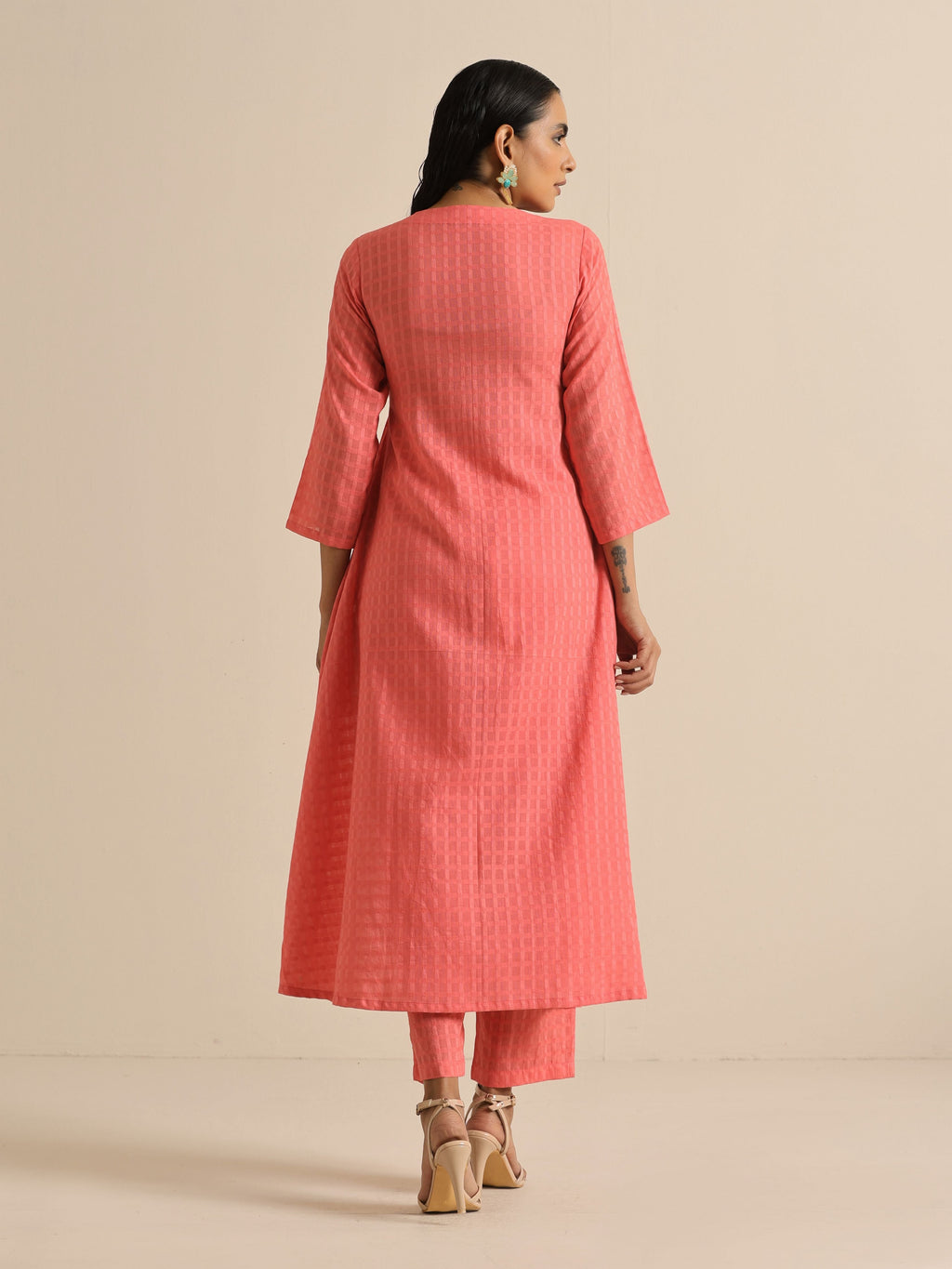 trueBrowns Bright Pink Dobby Angrakha Kurta Pant Set