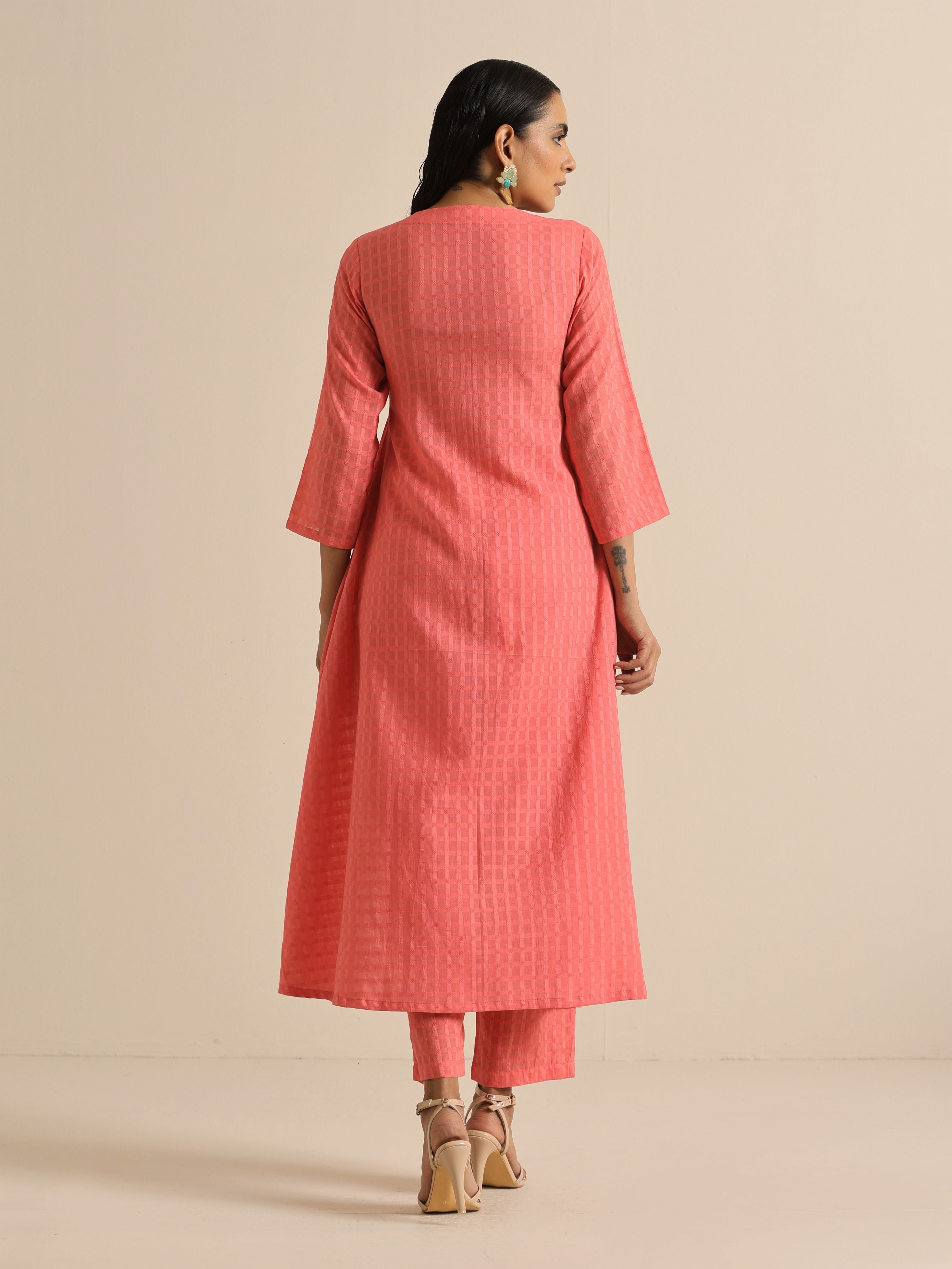trueBrowns Bright Pink Dobby Angrakha Kurta Pant Set