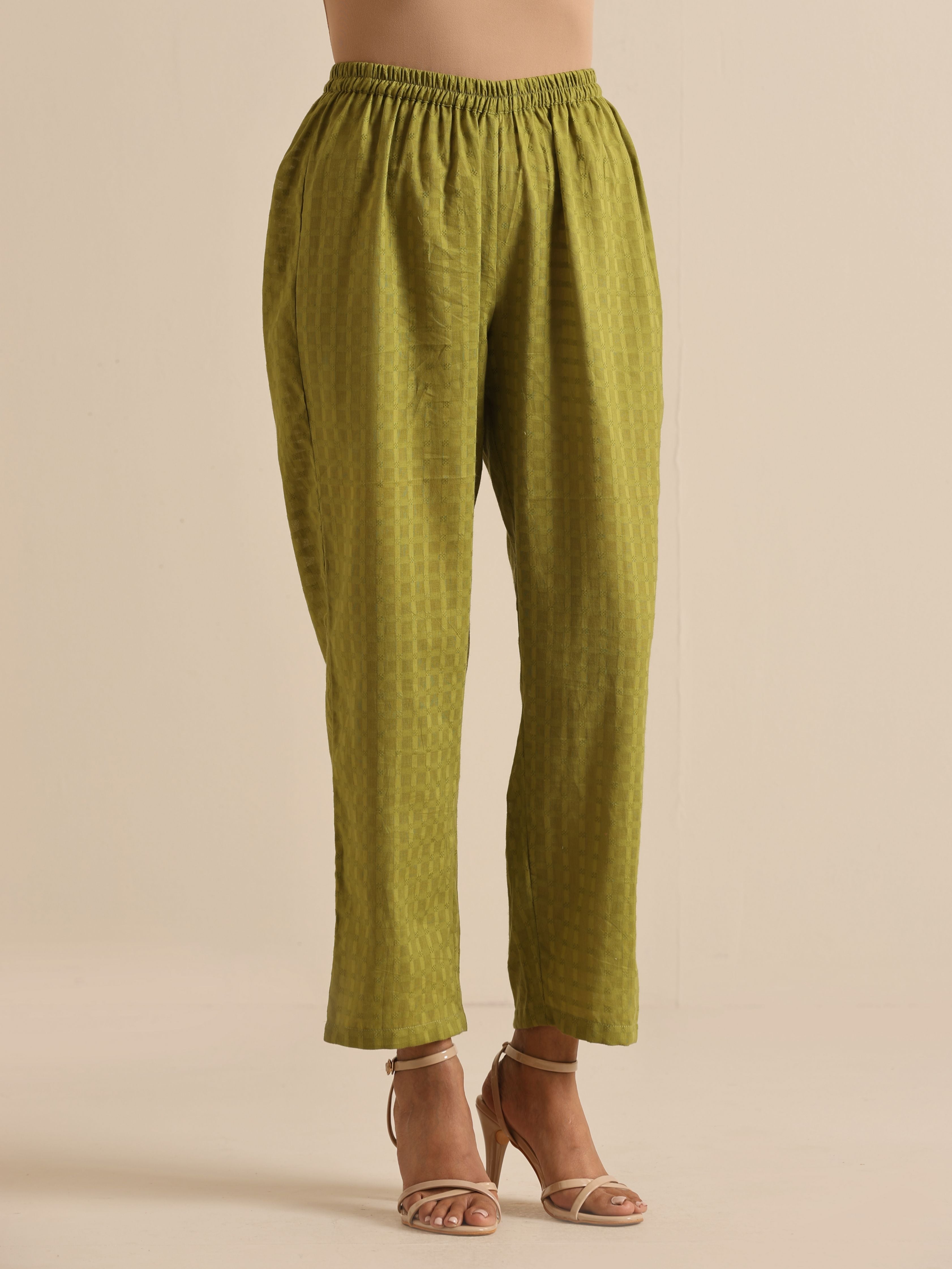 trueBrowns Fresh Green Dobby Puff Sleeve Kurta Pant Set