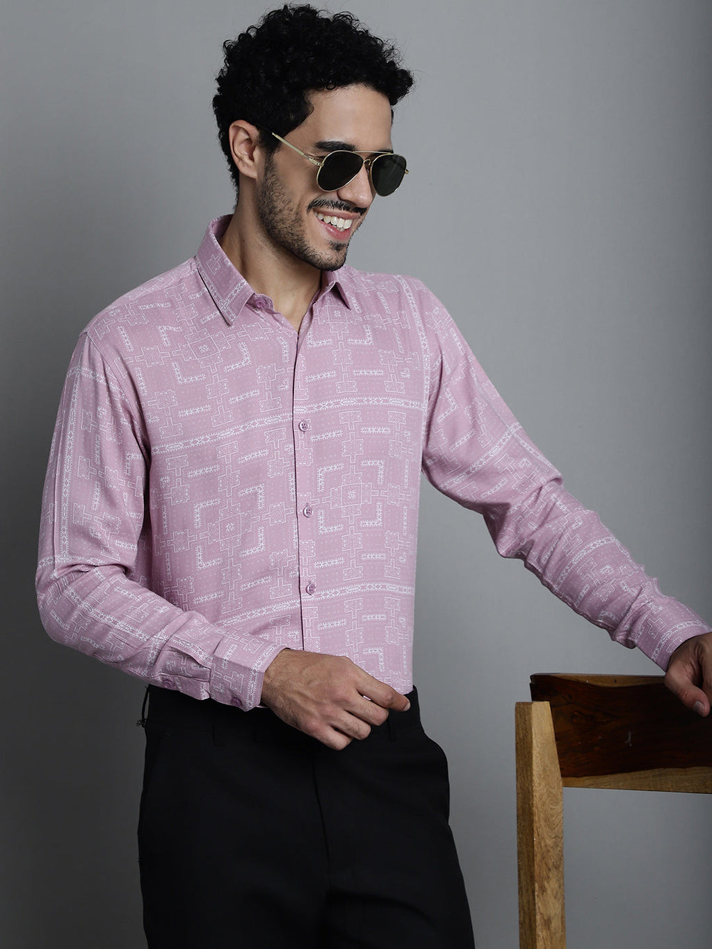 Jainish Men's Geomatric Printed Formal Shirts - Magenta