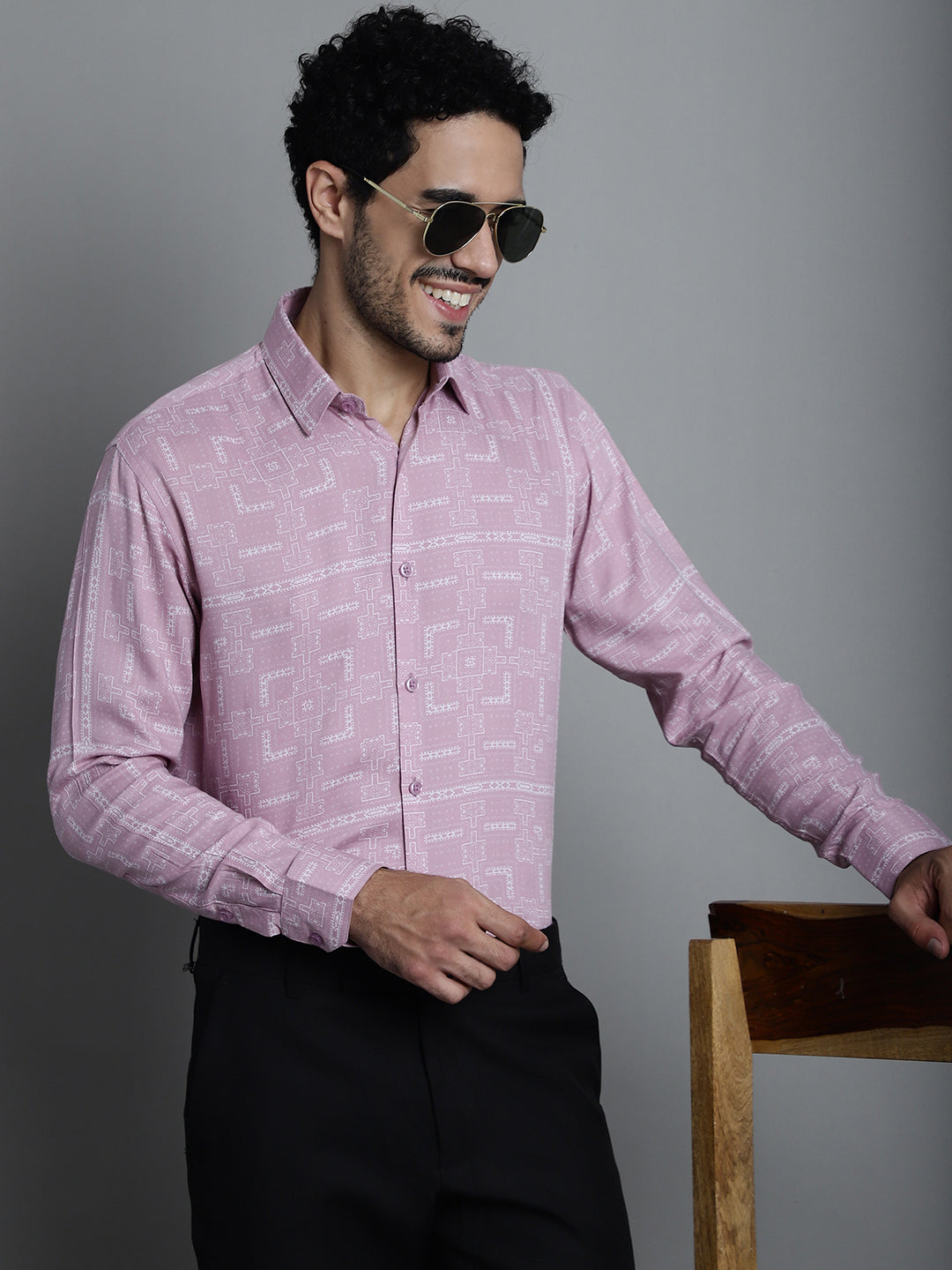 Jainish Men's Geomatric Printed Formal Shirts - Magenta