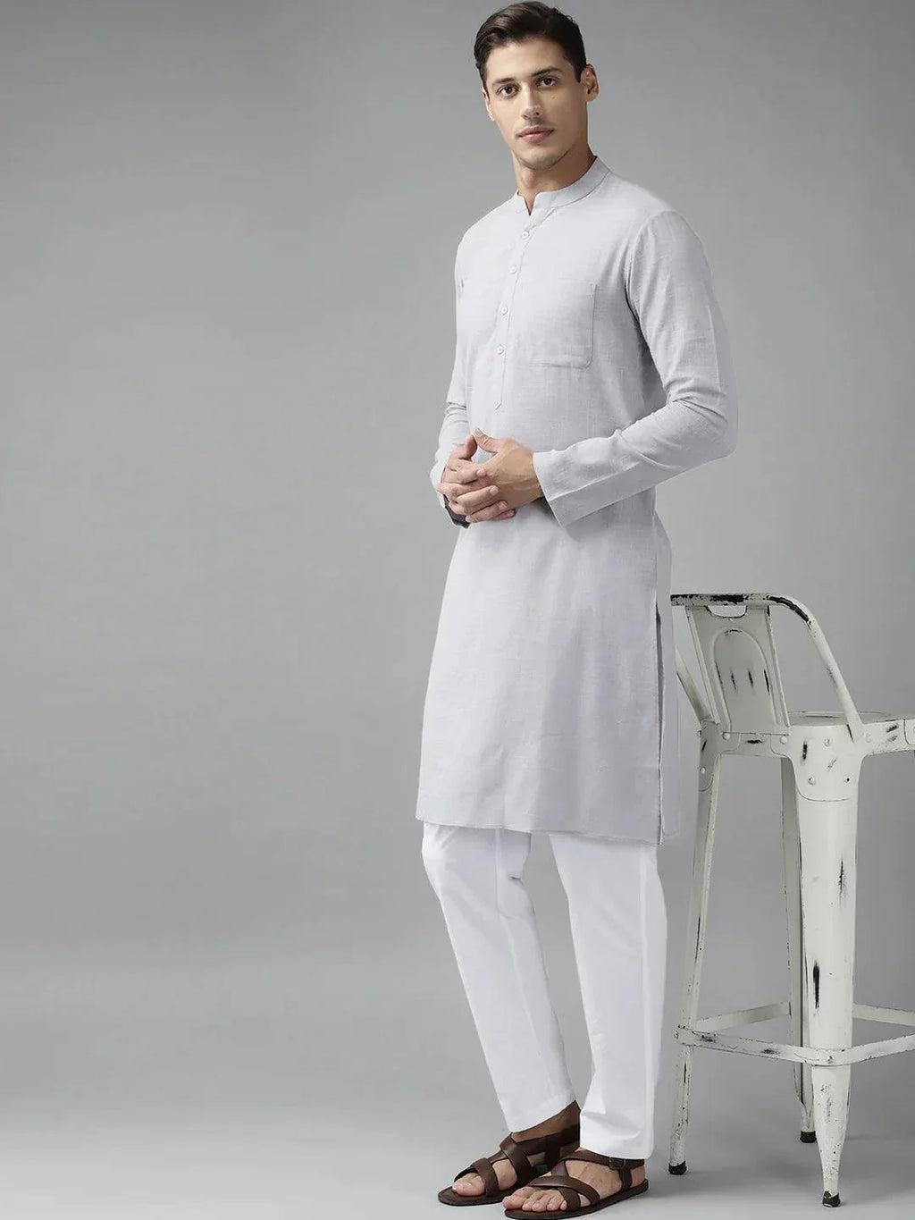 Fabmade Men Grey Cotton Linen Kurta Pyjama