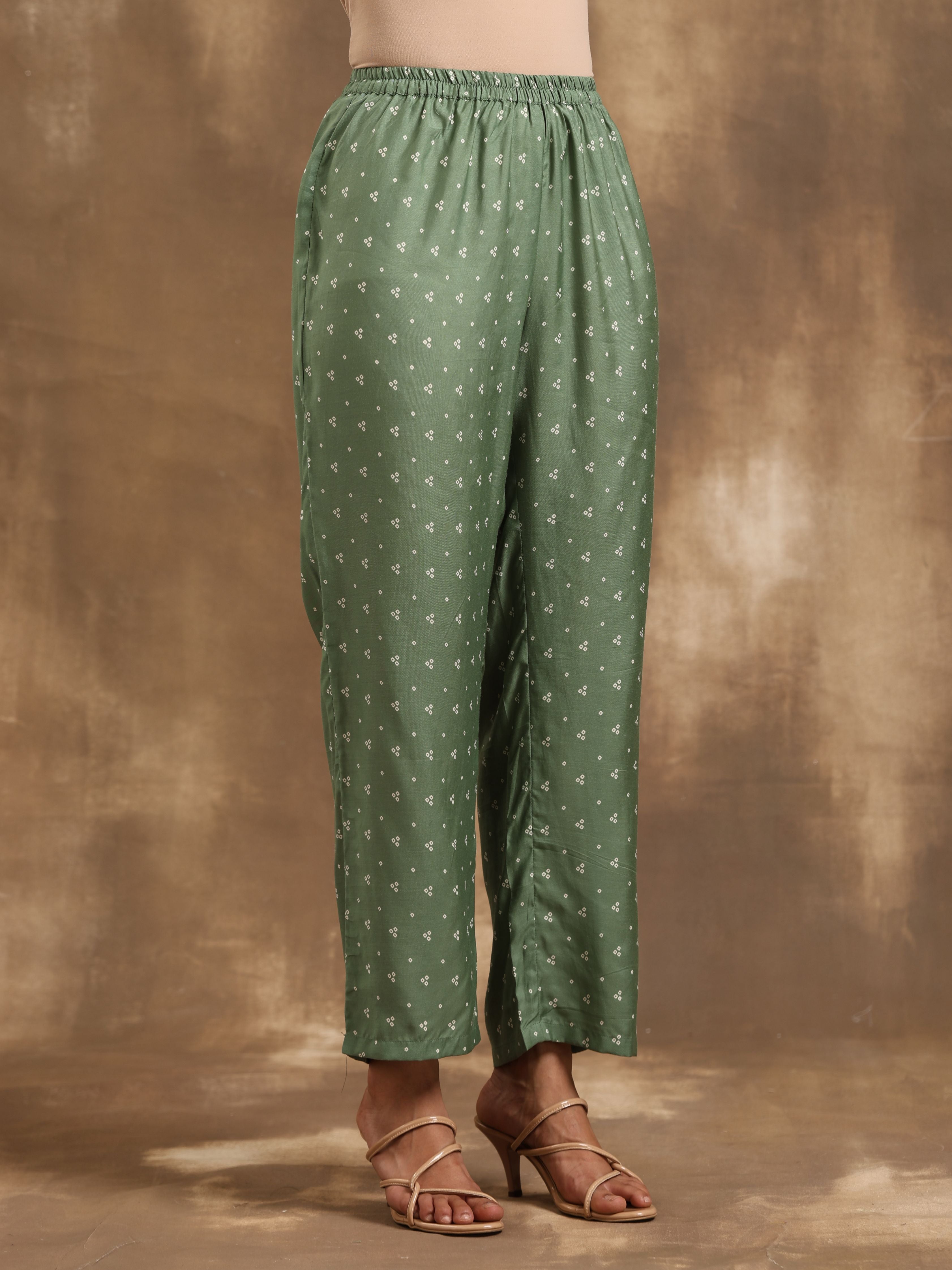 trueBrowns Light Green Bandhani Printed Silk Kurta Pant Set