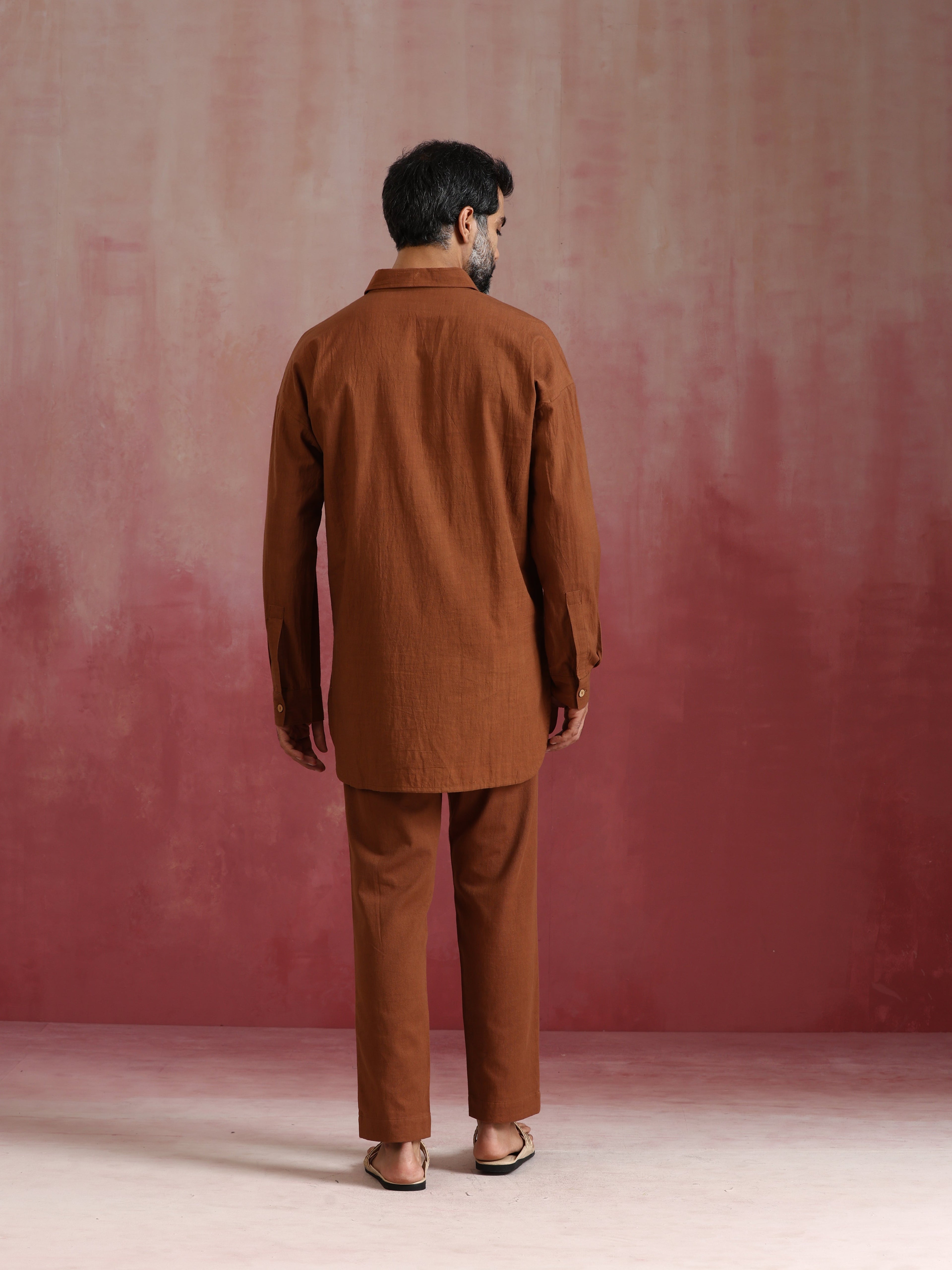 trueBrowns Men's Brown Cotton Shirt Collar Stylized Kurta Co-ord set