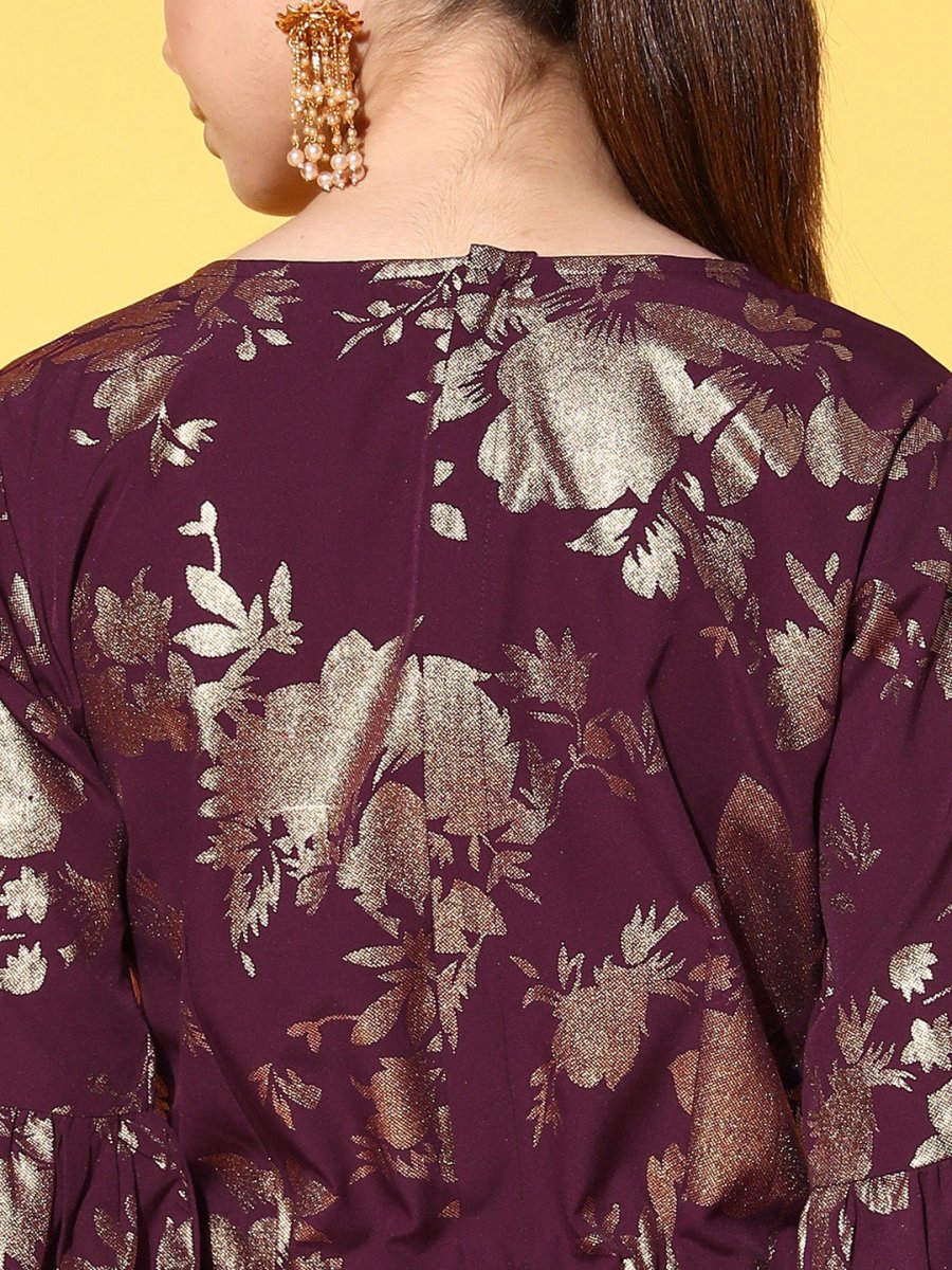 Ahalyaa Burgundy & Gold-Toned Bell Sleeves Printed Ethnic Jumpsuit With Waist Tie-Ups