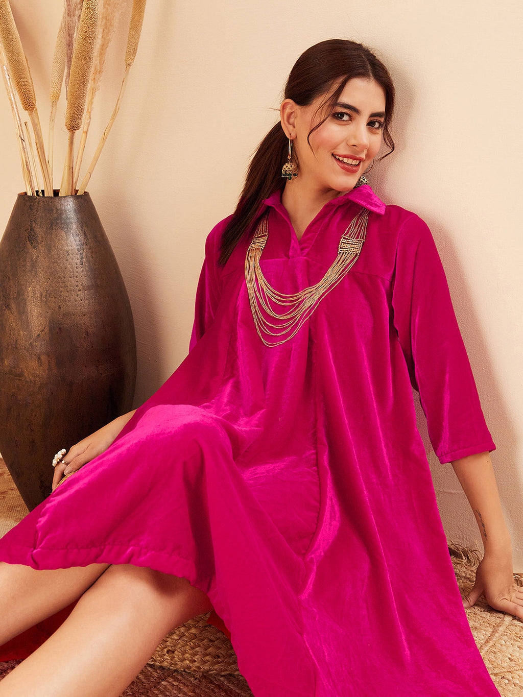 InWeave Women's Fuchsia Velvet Collared Neck Flared Midi Dress