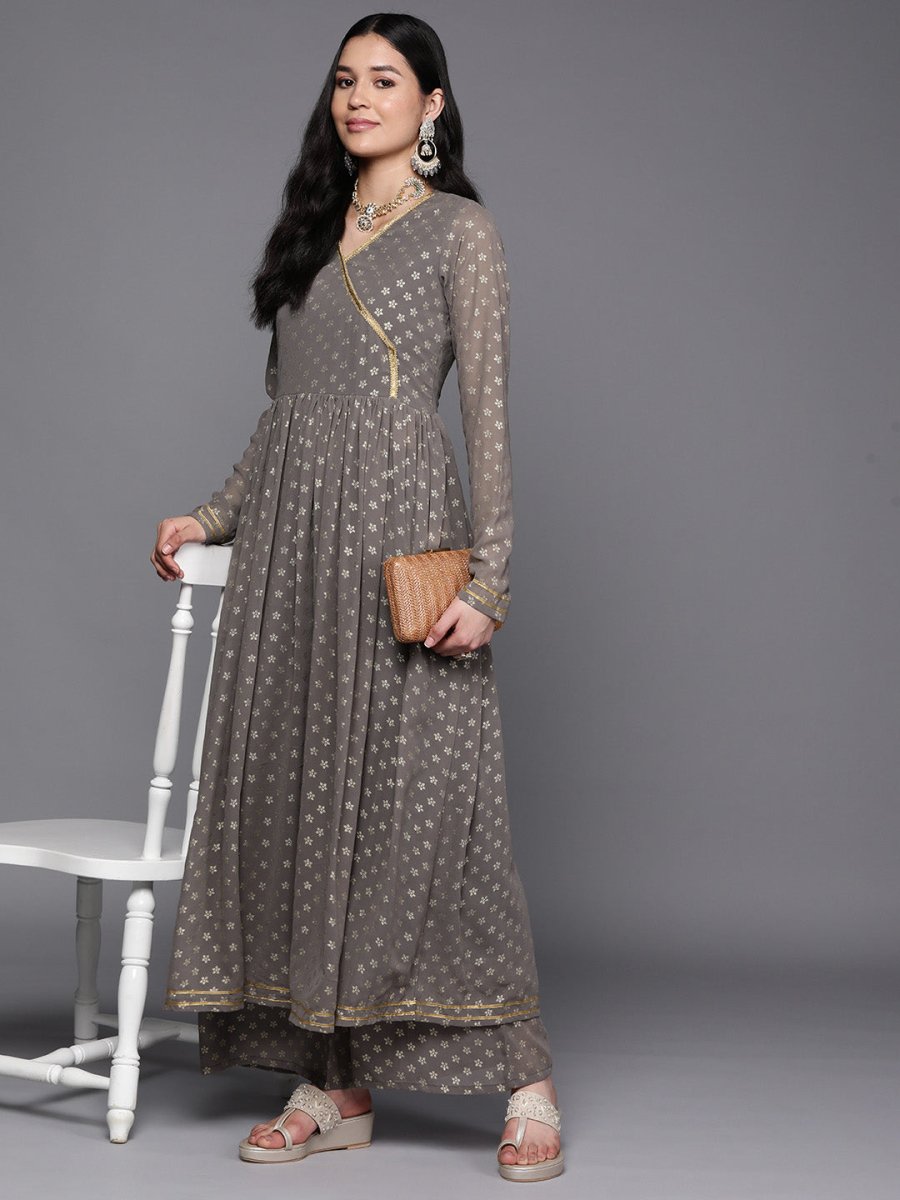 Ahalyaa Women Grey Floral Empire Kurta with Palazzos