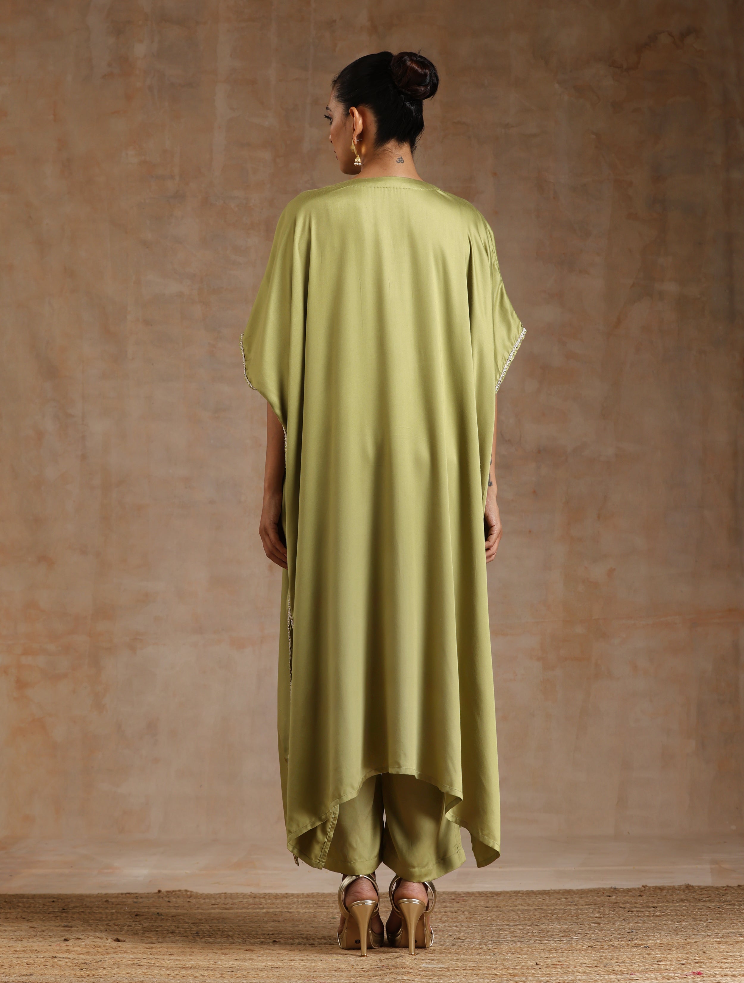 trueBrowns Light Green Modal Satin Kaftan Kurta Set