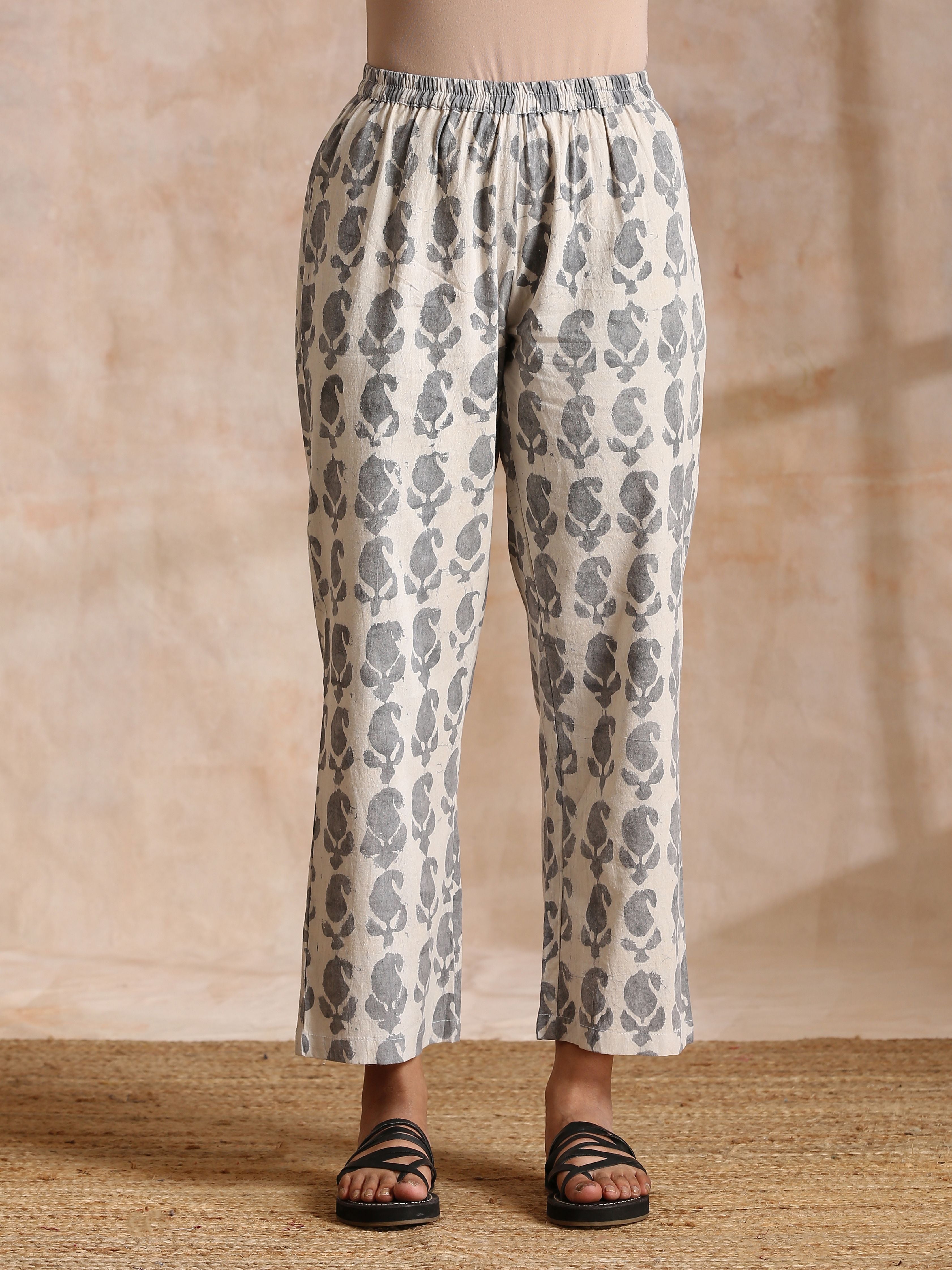 trueBrowns Grey Dabu Buta Print Cotton V-Square Neck Co-Ord Set