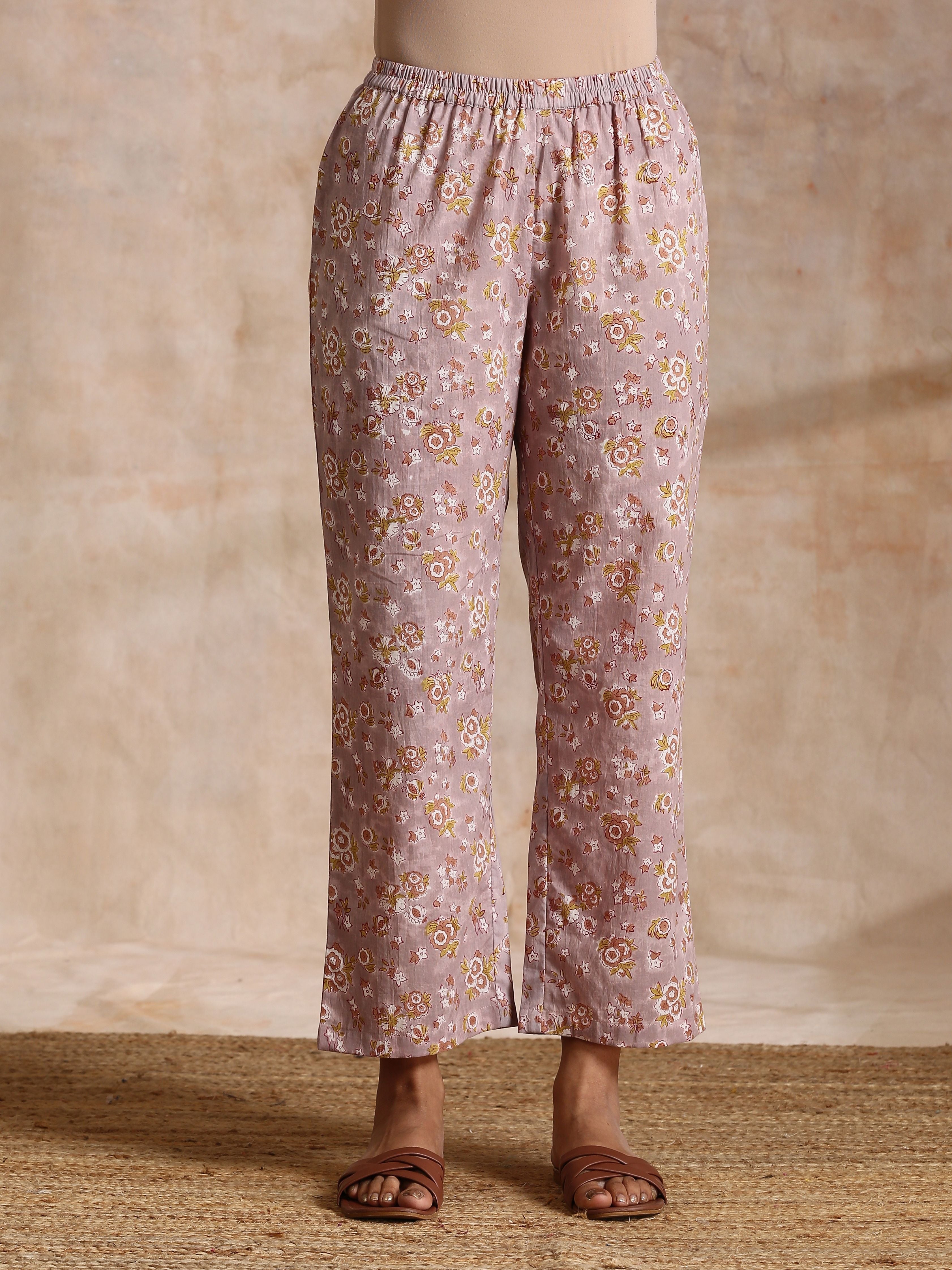 trueBrowns Grey Overall Floral Block Print Cotton Flared Slit Kurta Pant Set