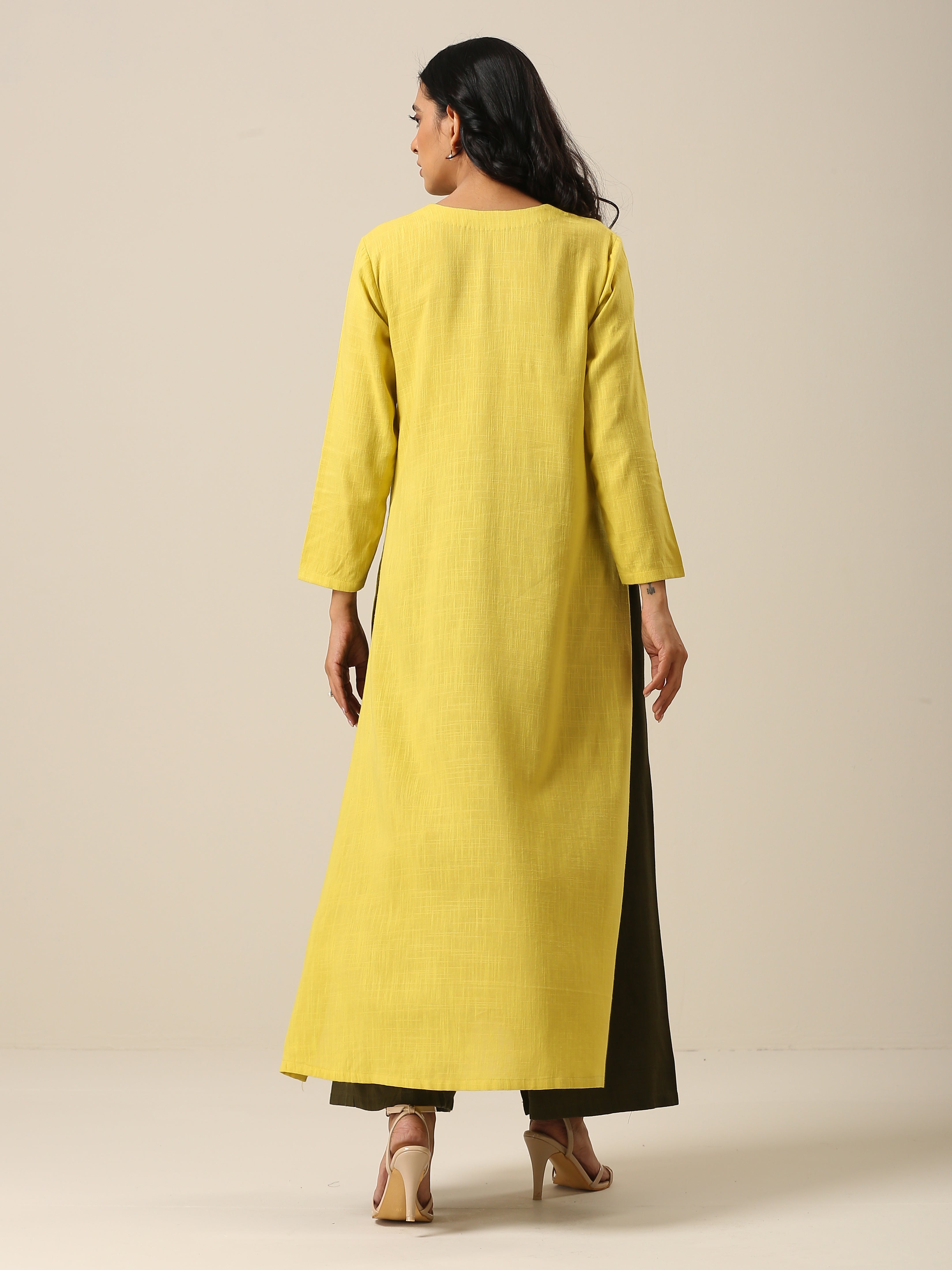 trueBrowns Lime Slub Texture Slit Kurta Palazzo Set