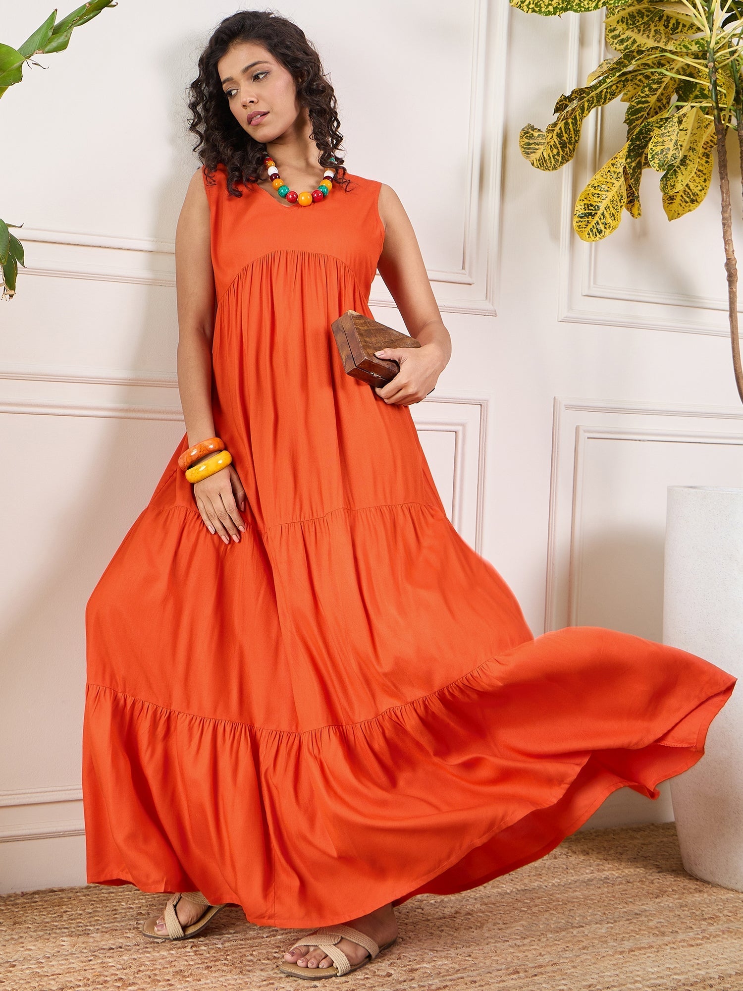 InWeave Orange V Neck Sleeveless Long Tiered Dress