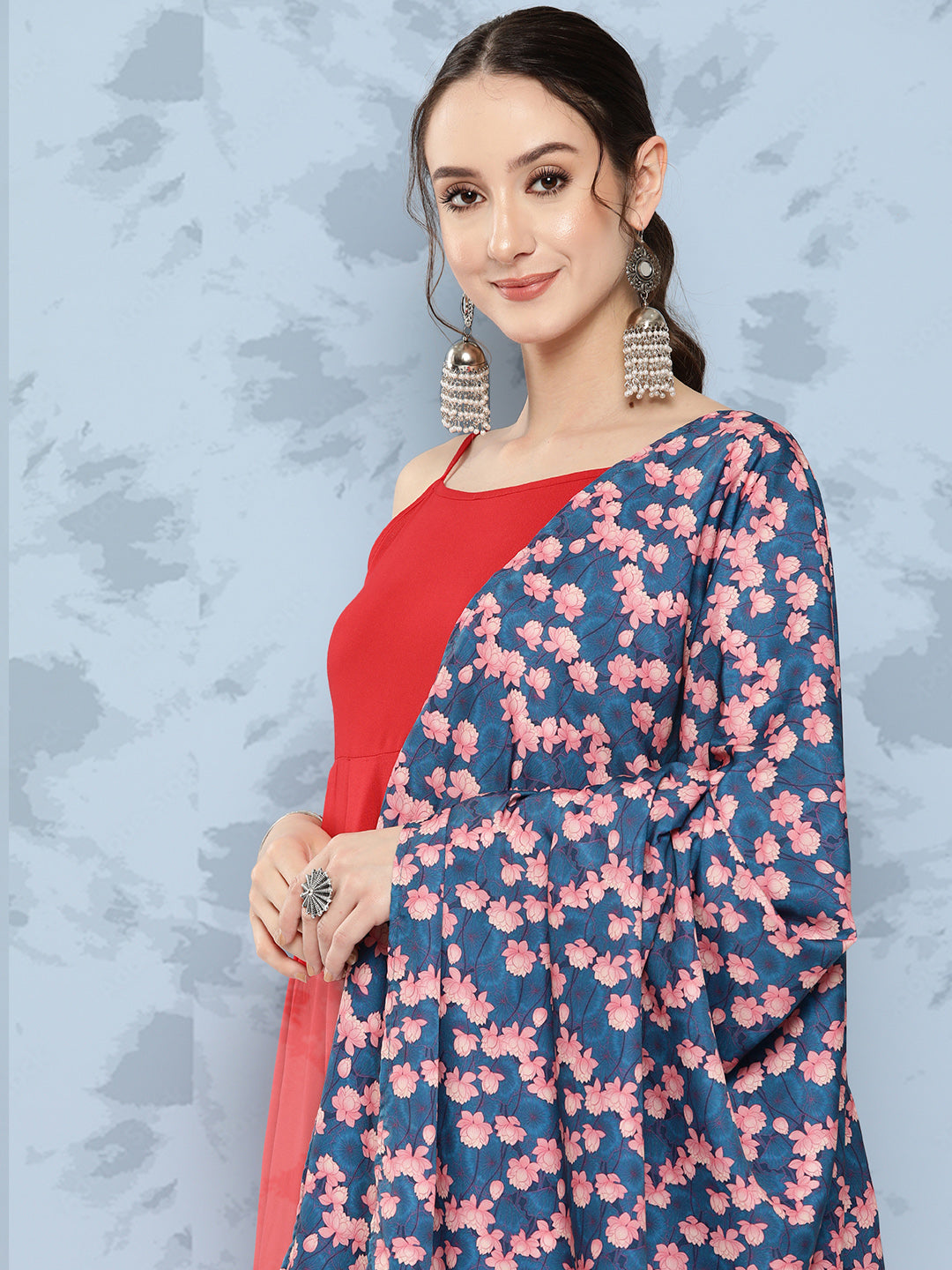InWeave Women's Red Strappy Set W Navy Pink Lotus Cr Duptta