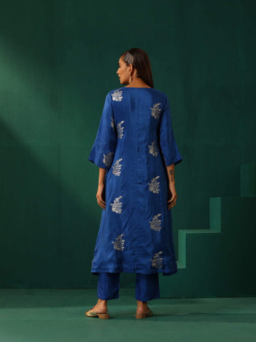 trueBrowns Royal Blue Floral Viscose Silk Angrakha Kurta Pant Set