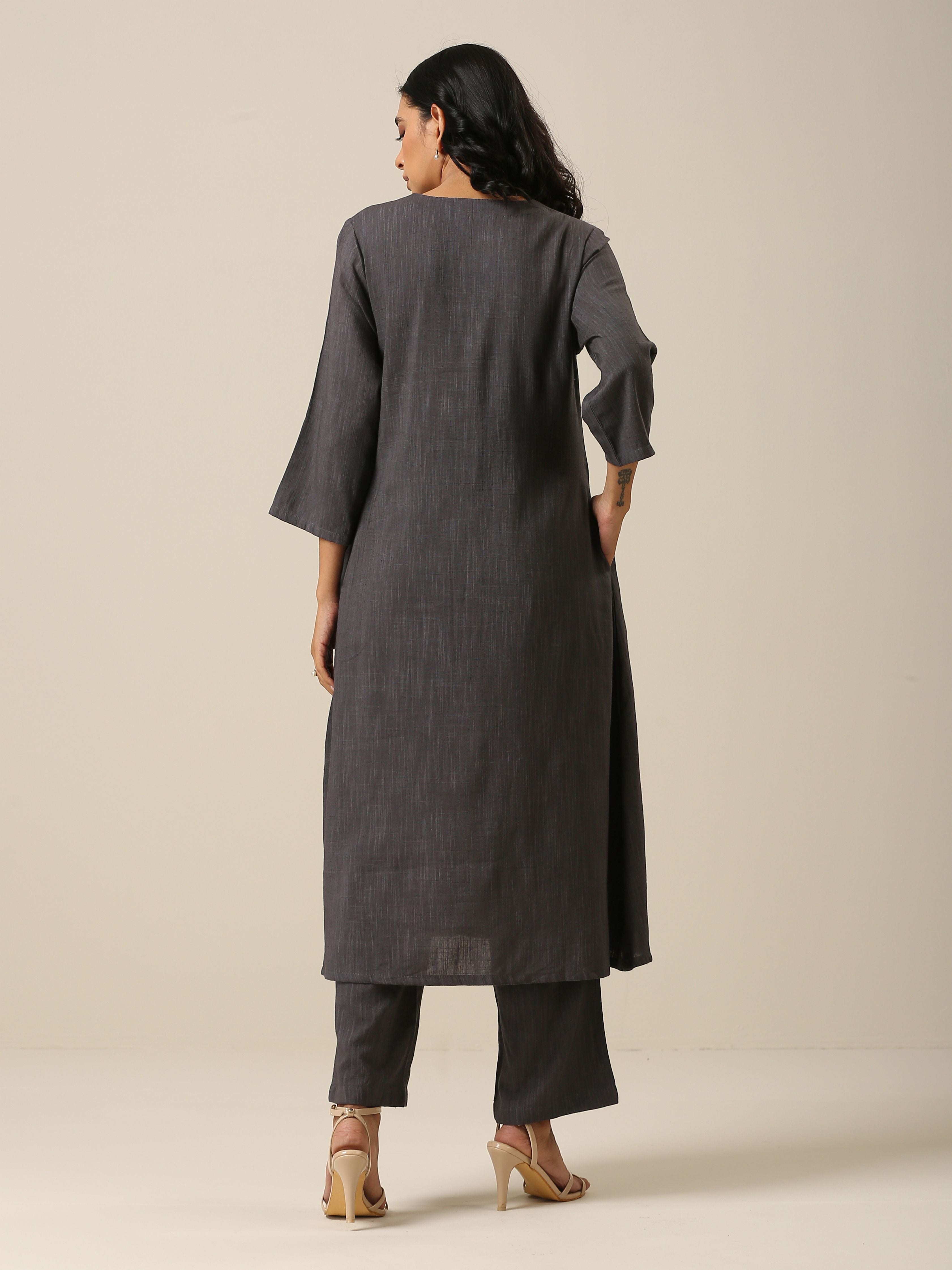 trueBrowns Slate Grey Slub Texture Overlap Pleat Kurta Pant Set