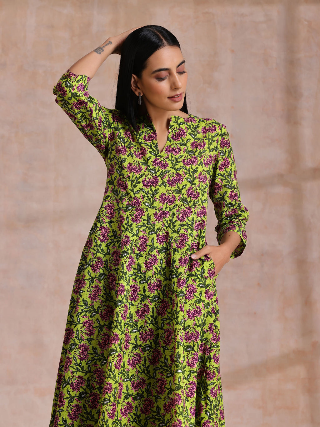 trueBrowns Lime Green Overall Pink Floral Block Print Cotton Flared Kurta Pant Set