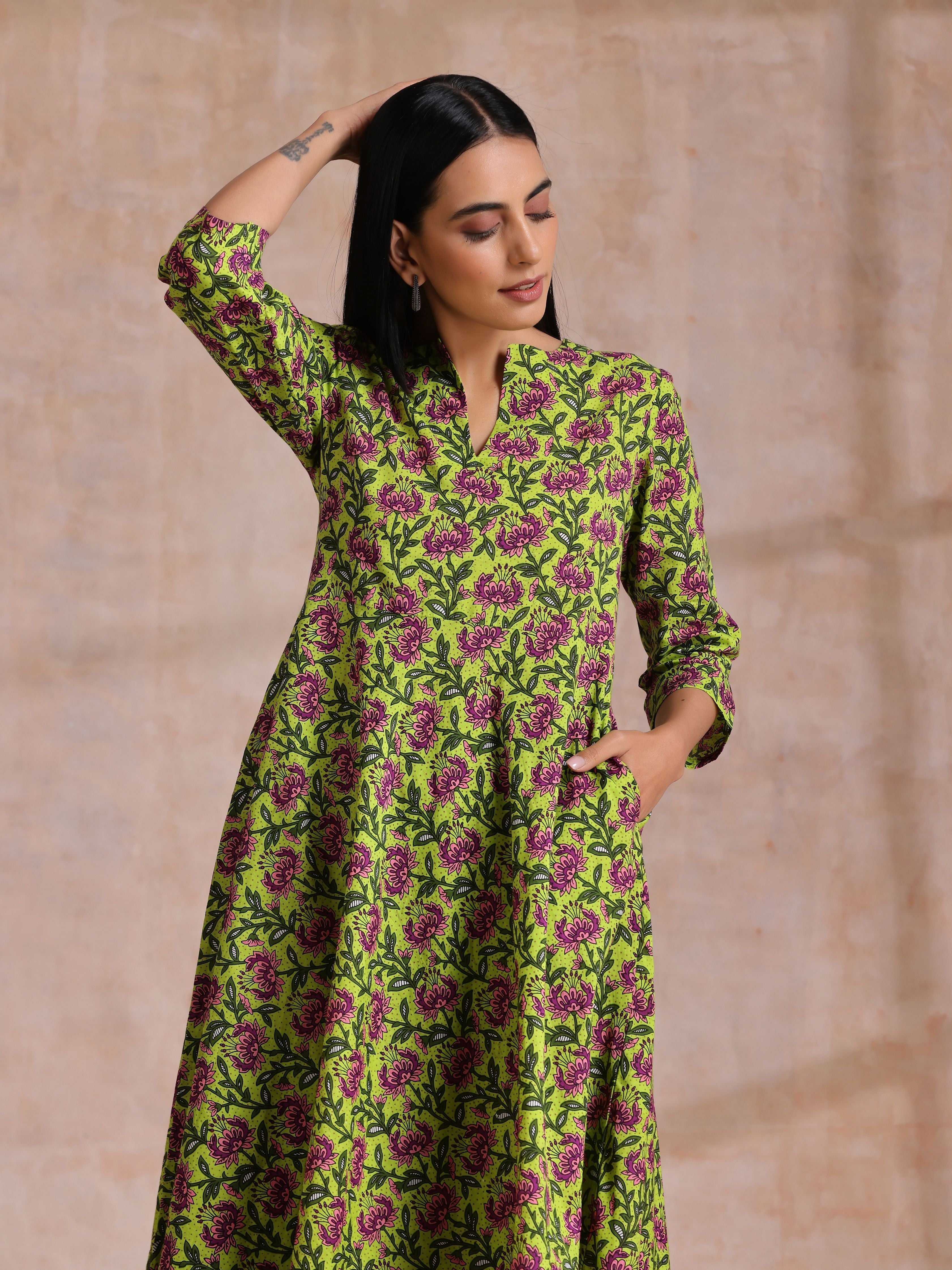 trueBrowns Lime Green Overall Pink Floral Block Print Cotton Flared Kurta Pant Set