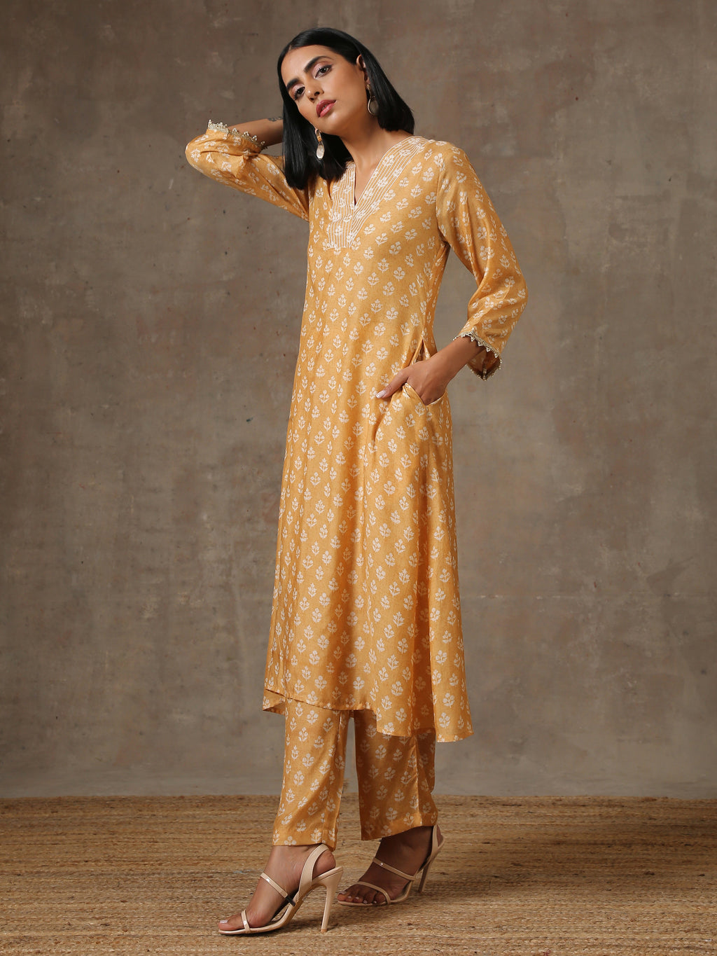 trueBrowns Beige White Flared Printed Silk Kurta Pant Set