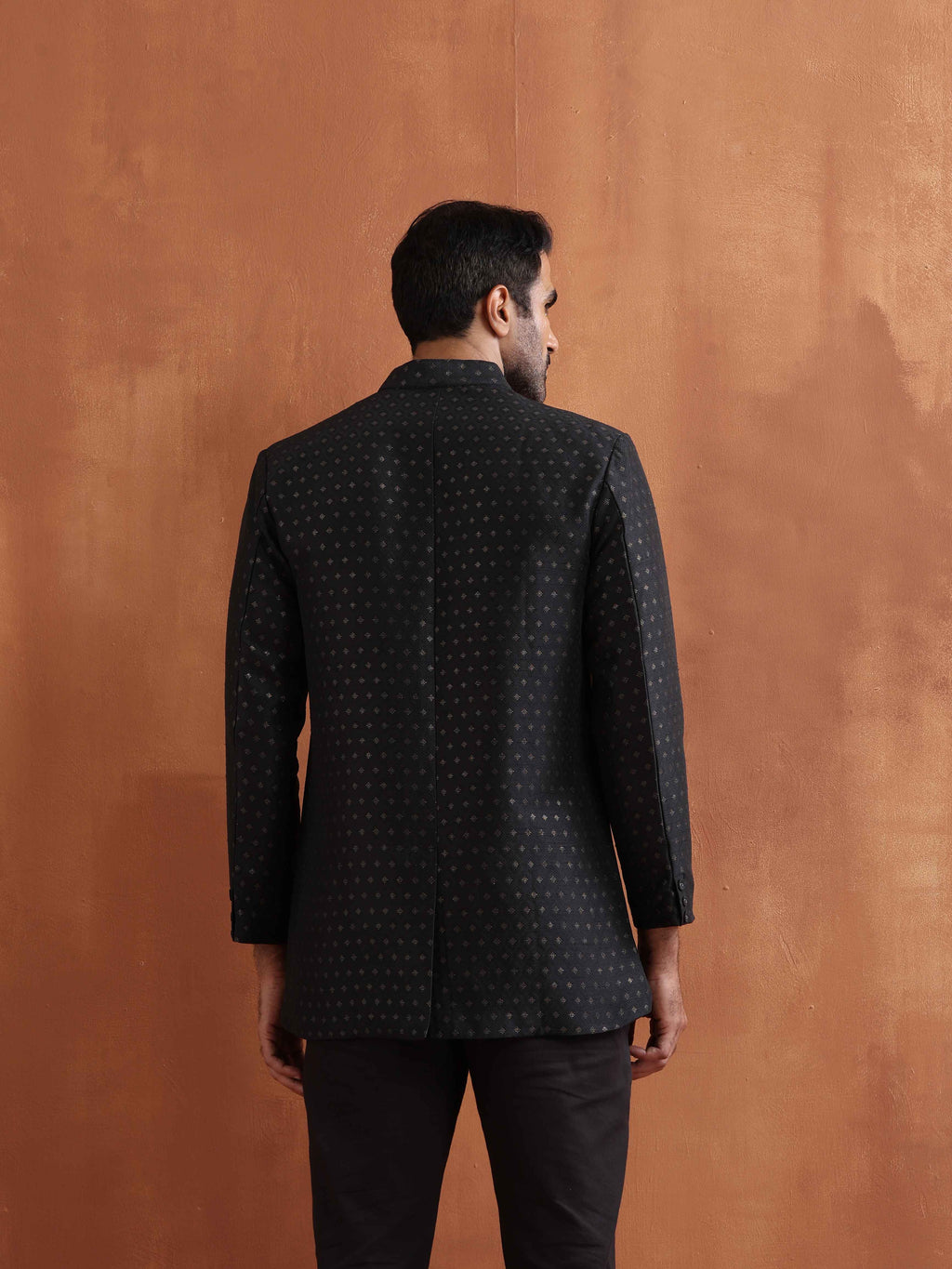 trueBrowns Men's Black Chanderi Long Jacket