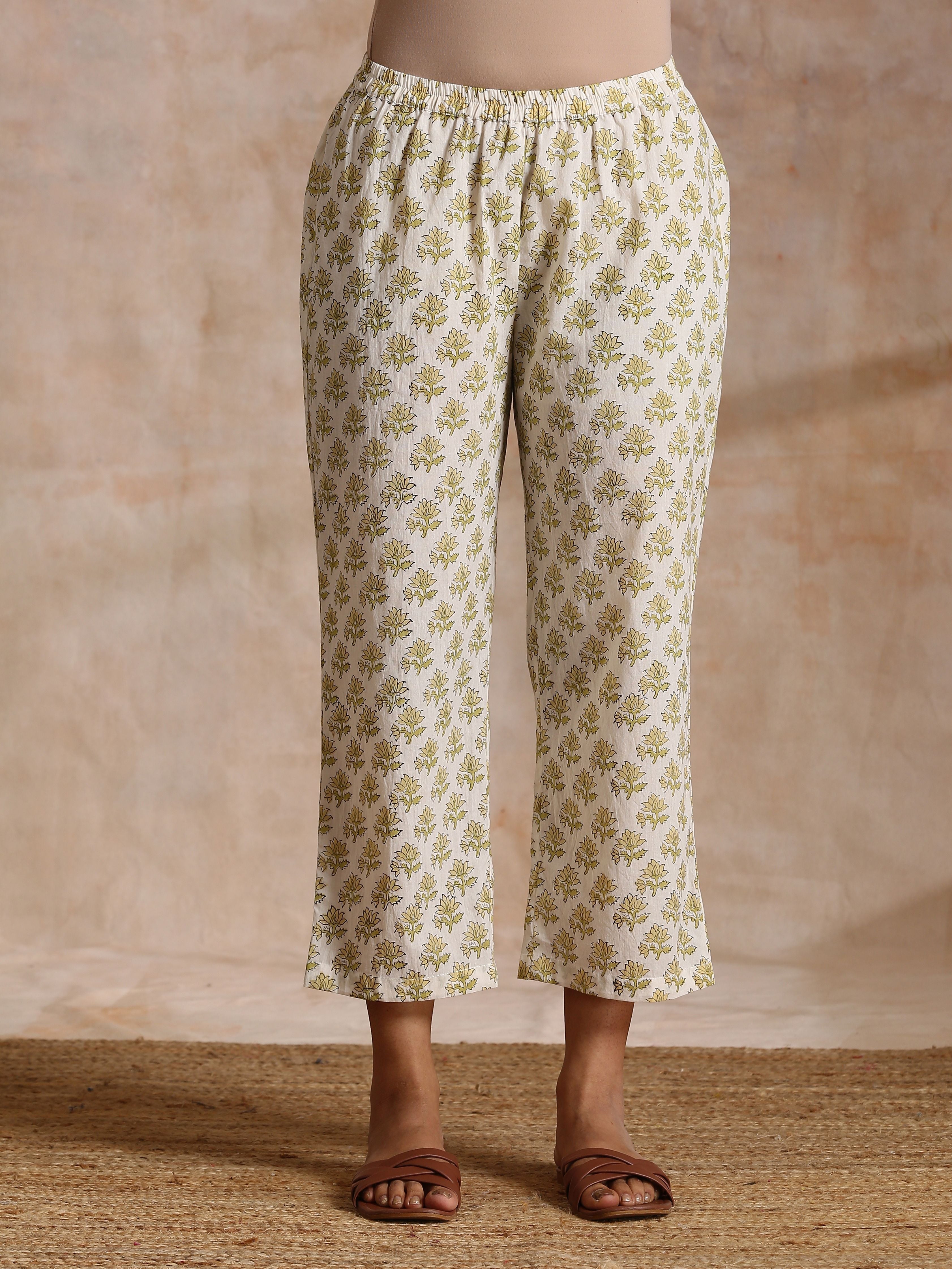trueBrowns Green Buta On Off-White Block Print Cotton Co-Ord Set