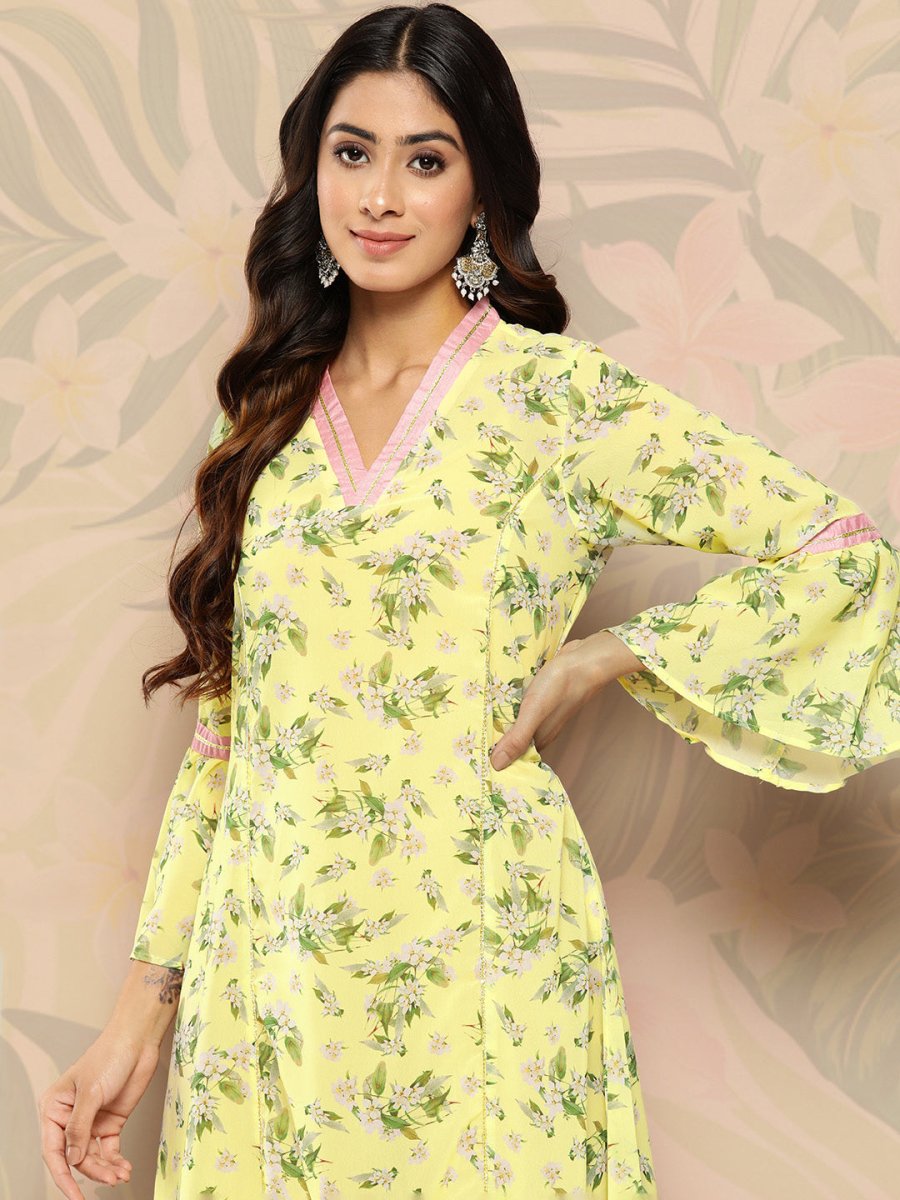 Ahalyaa Floral Printed Bell Sleeves Gotta Patti Georgette Kurta