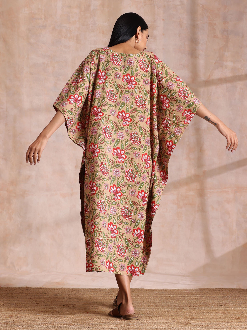 trueBrowns Beige Overall Big Floral Block Print Cotton Kaftan Dress