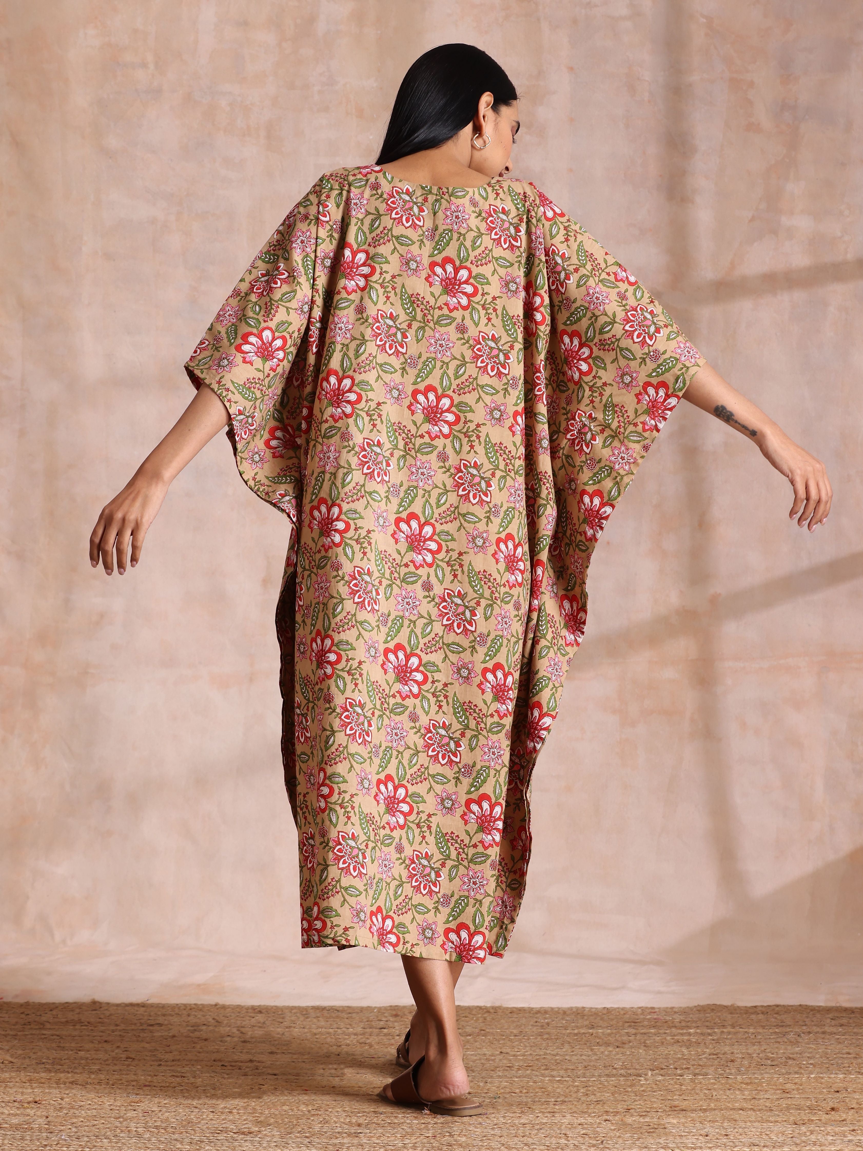 trueBrowns Beige Overall Big Floral Block Print Cotton Kaftan Dress