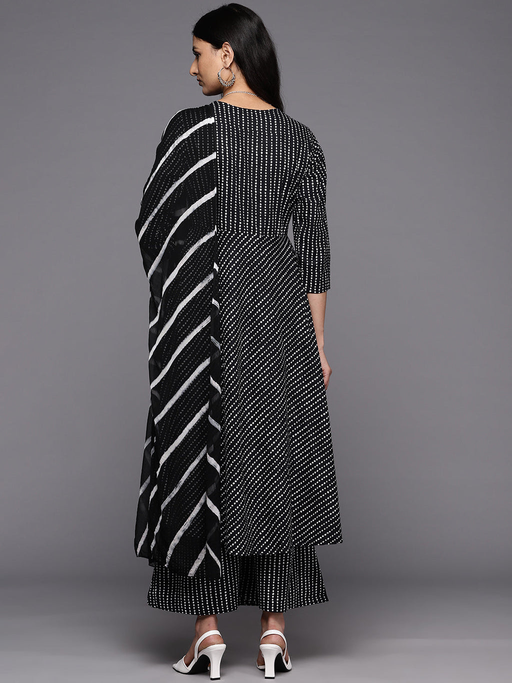 KSUT (House of Varanga) Black And White Cotton Printed Anarkali Kurta Paired With Palazzo And Chiffon Dupatta