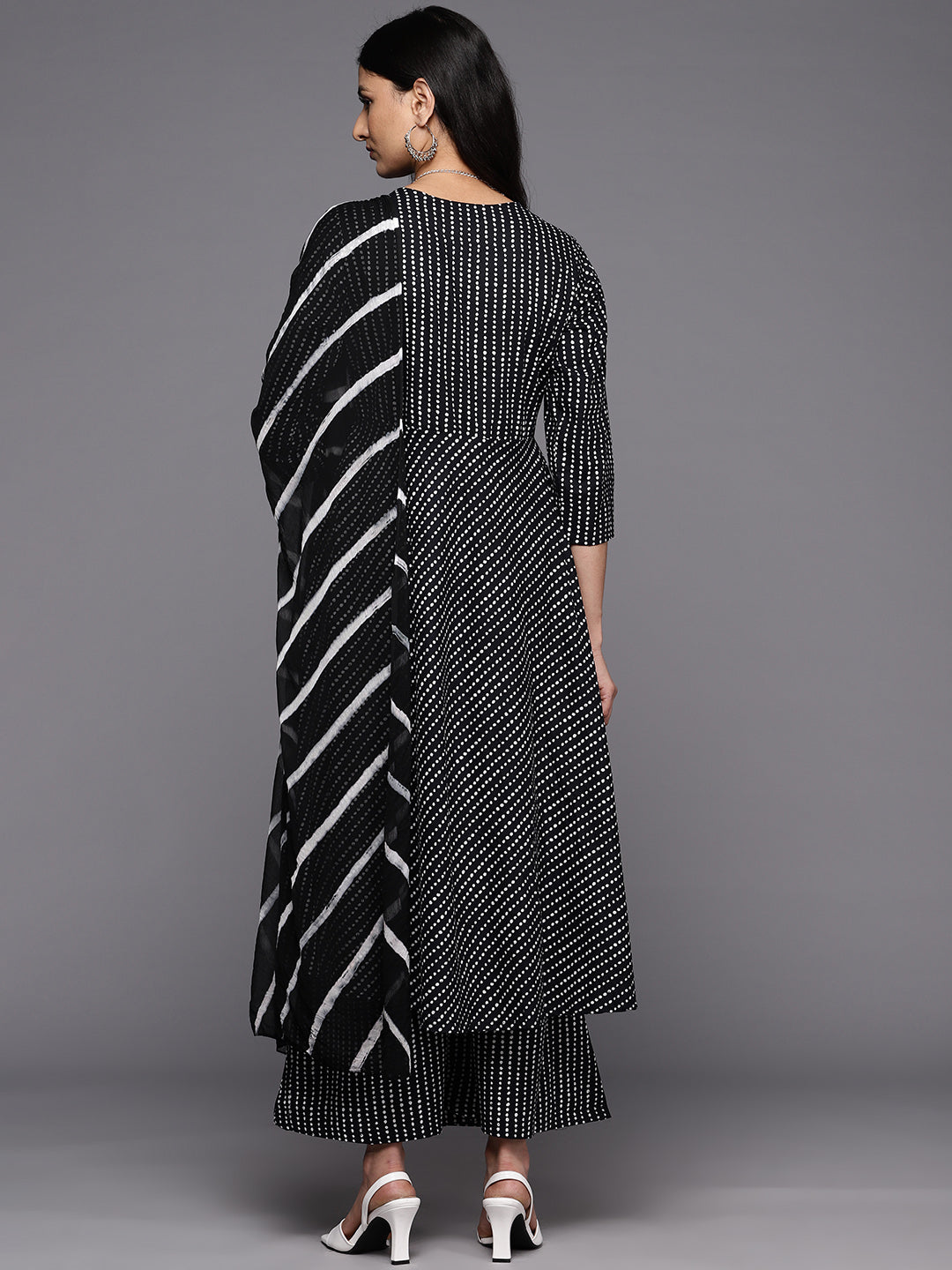 KSUT (House of Varanga) Black And White Cotton Printed Anarkali Kurta Paired With Palazzo And Chiffon Dupatta