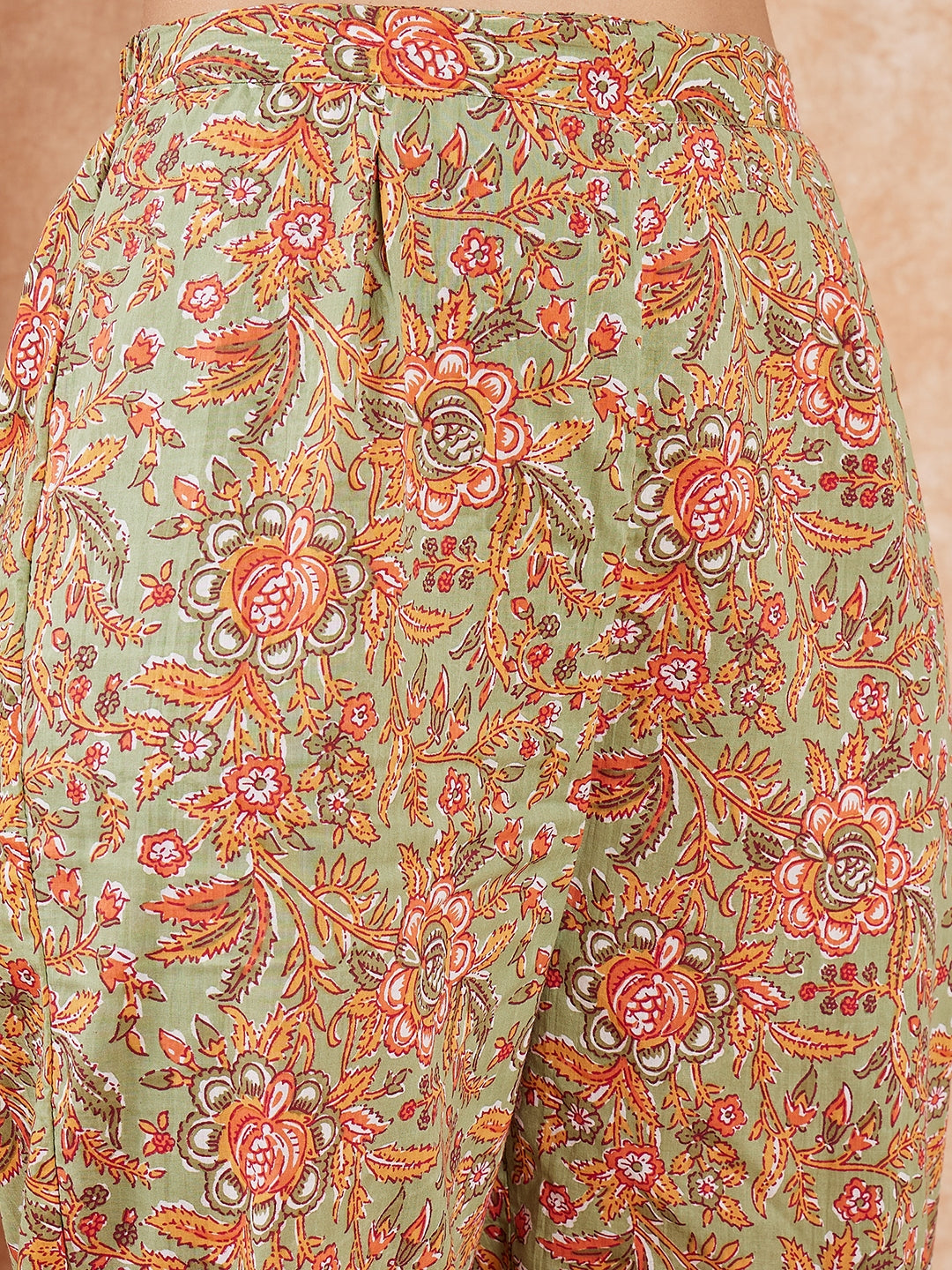 InWeave Women's Pear Green Orange Floral Print Flared Kurta Pant Set