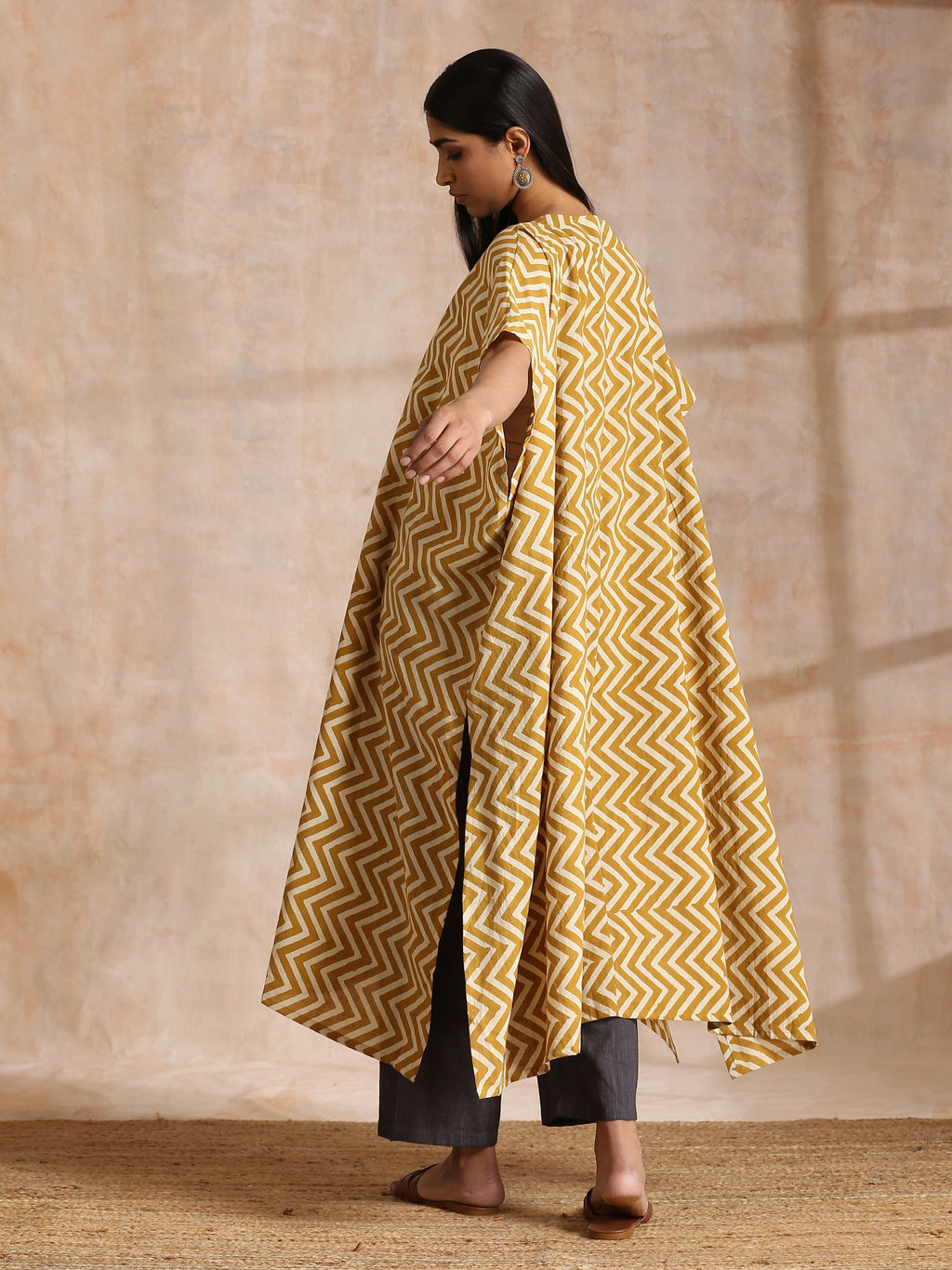 trueBrowns Mustard Dabu Zig-Zag Lines Print Cotton Panel Kaftan Kurta Pant Set