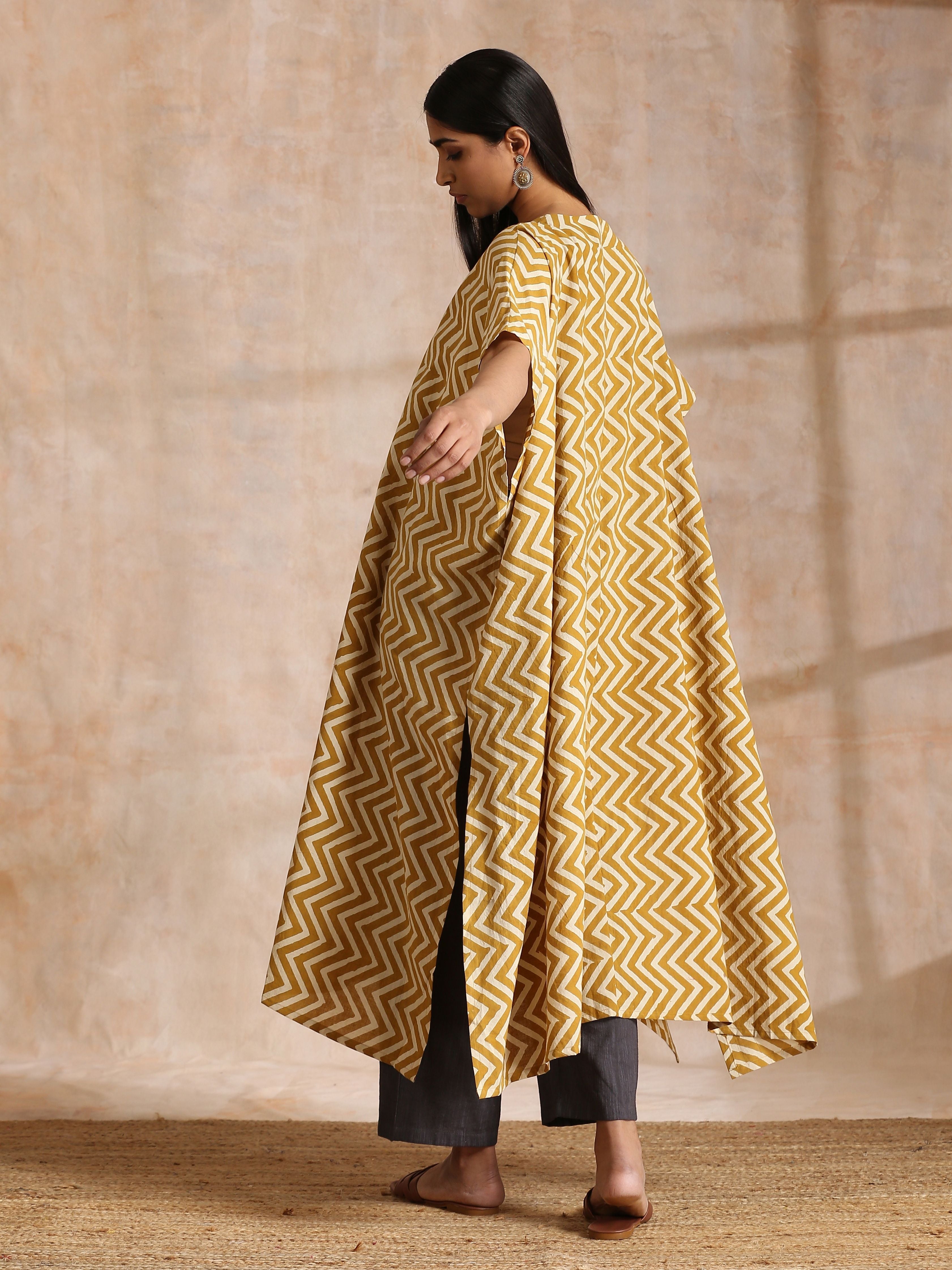 trueBrowns Mustard Dabu Zig-Zag Lines Print Cotton Panel Kaftan Kurta Pant Set